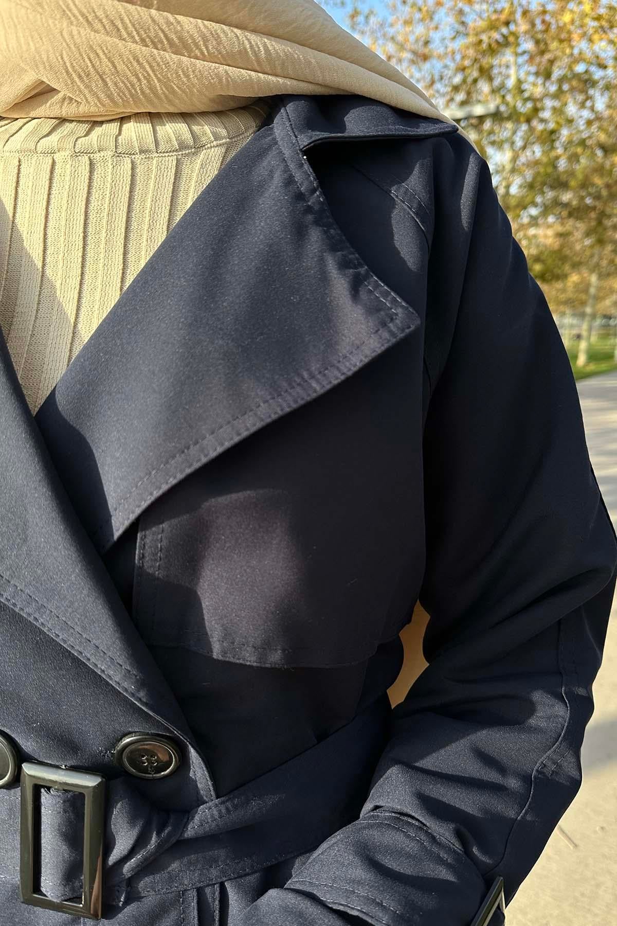 Kemerli Astarlı Trençkot Lacivert