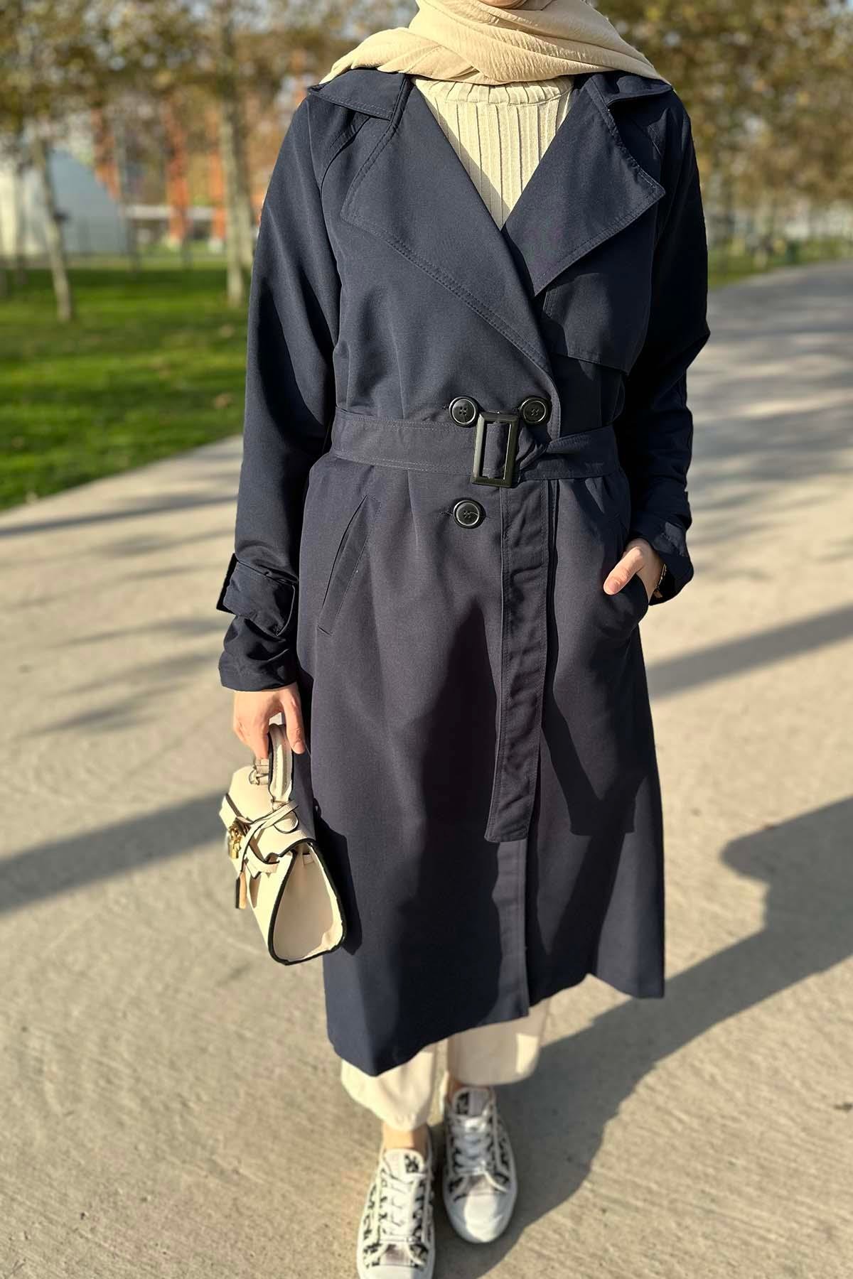 Kemerli Astarlı Trençkot Lacivert