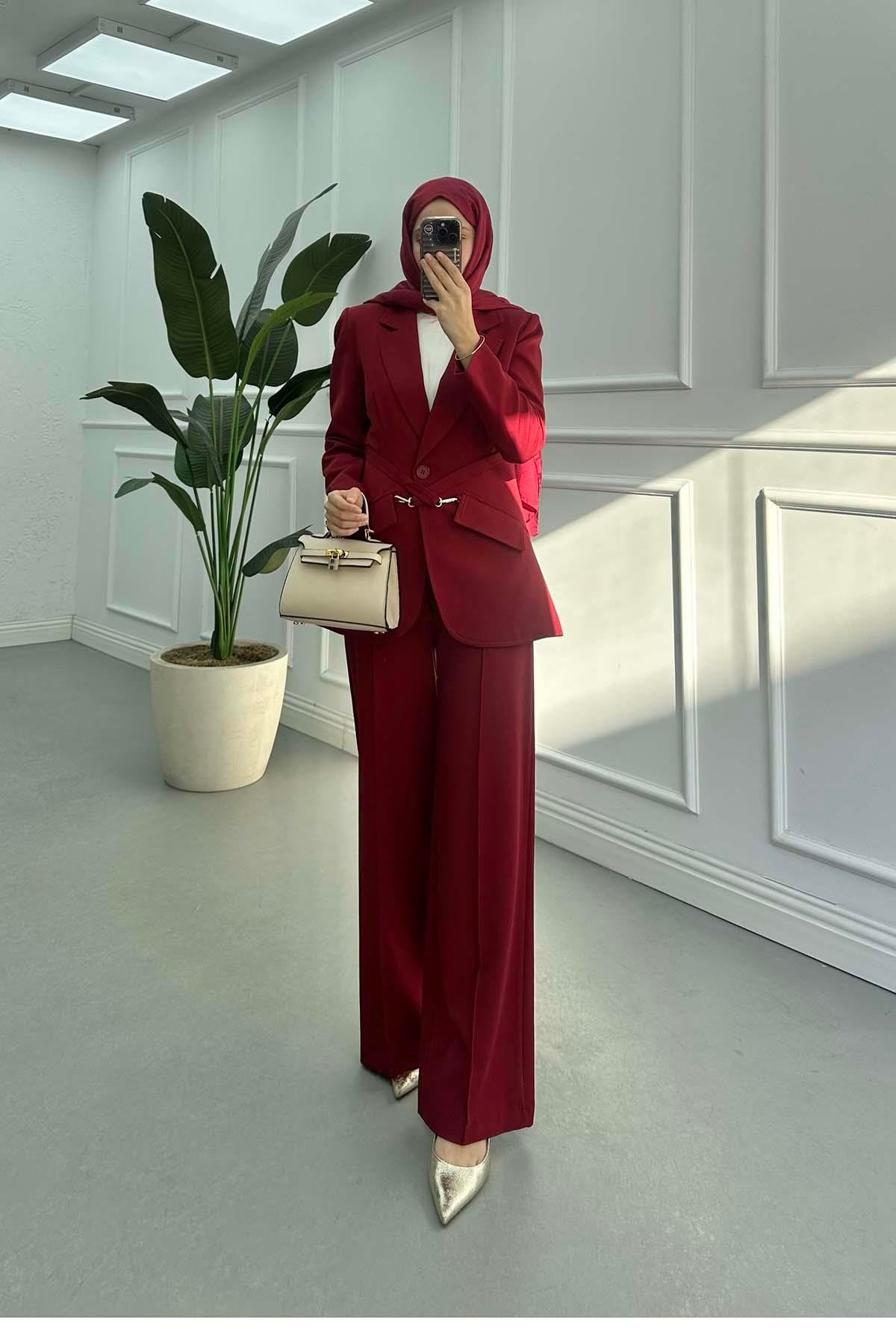 Kemerli Blazer Takım Bordo