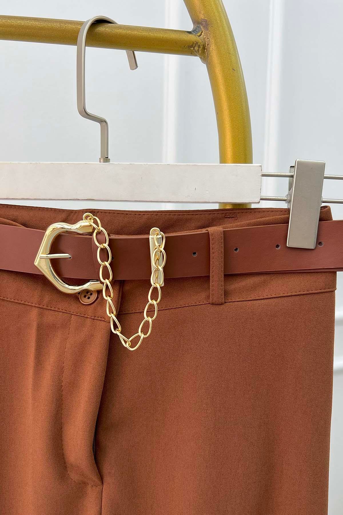 Kemerli Bol Paça Pantolon Kahve