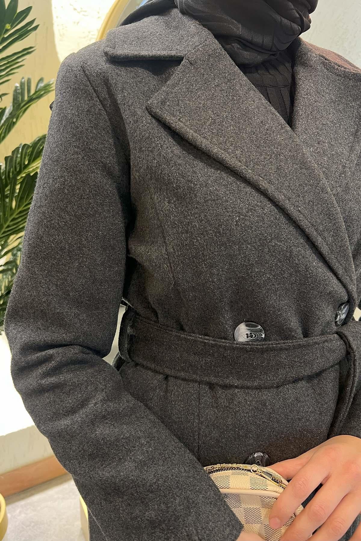 Kemerli Çift Düğme Kaşe Kaban Füme