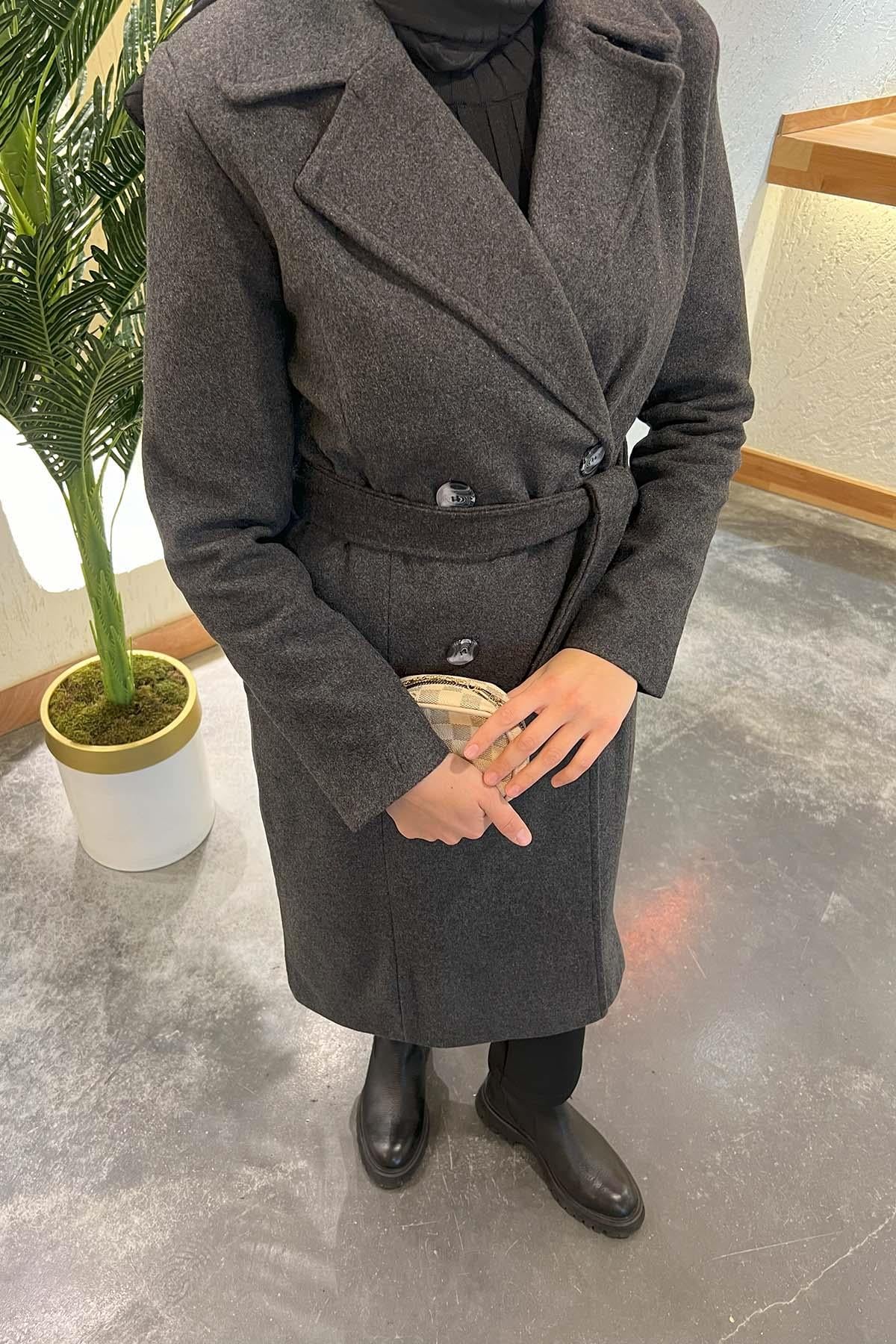 Kemerli Çift Düğme Kaşe Kaban Füme