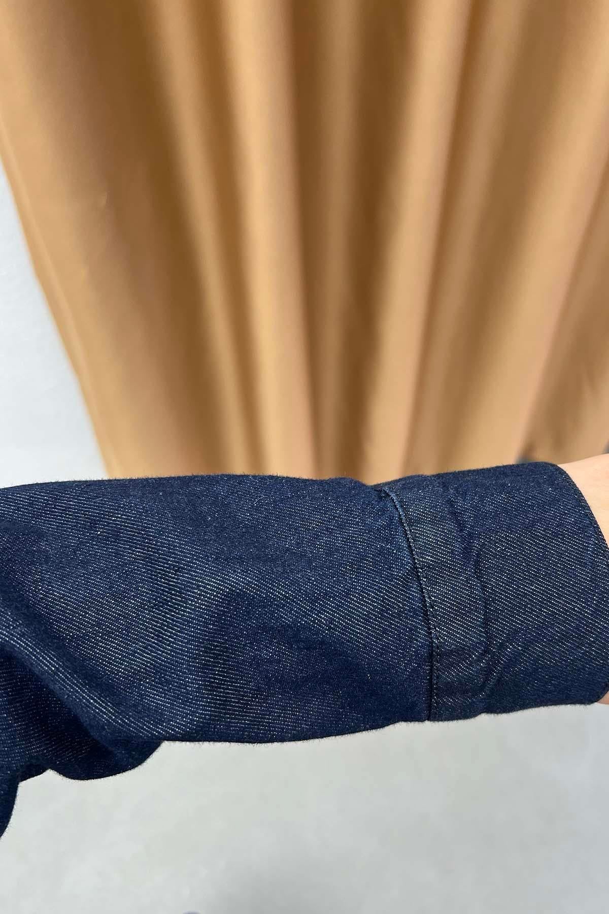 Kemerli Gold Düğmeli Kot Elbise Lacivert
