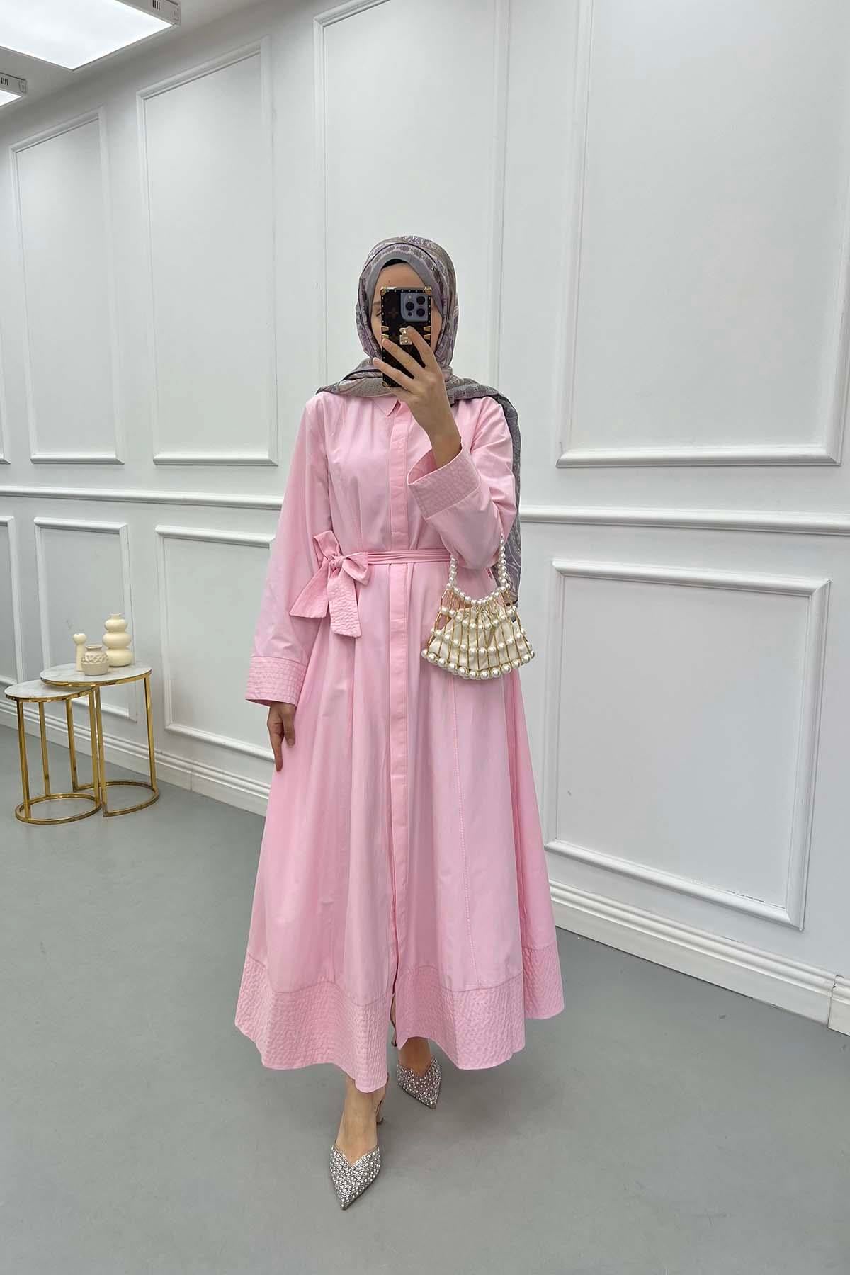 Kemerli Gömlek Elbise Pembe