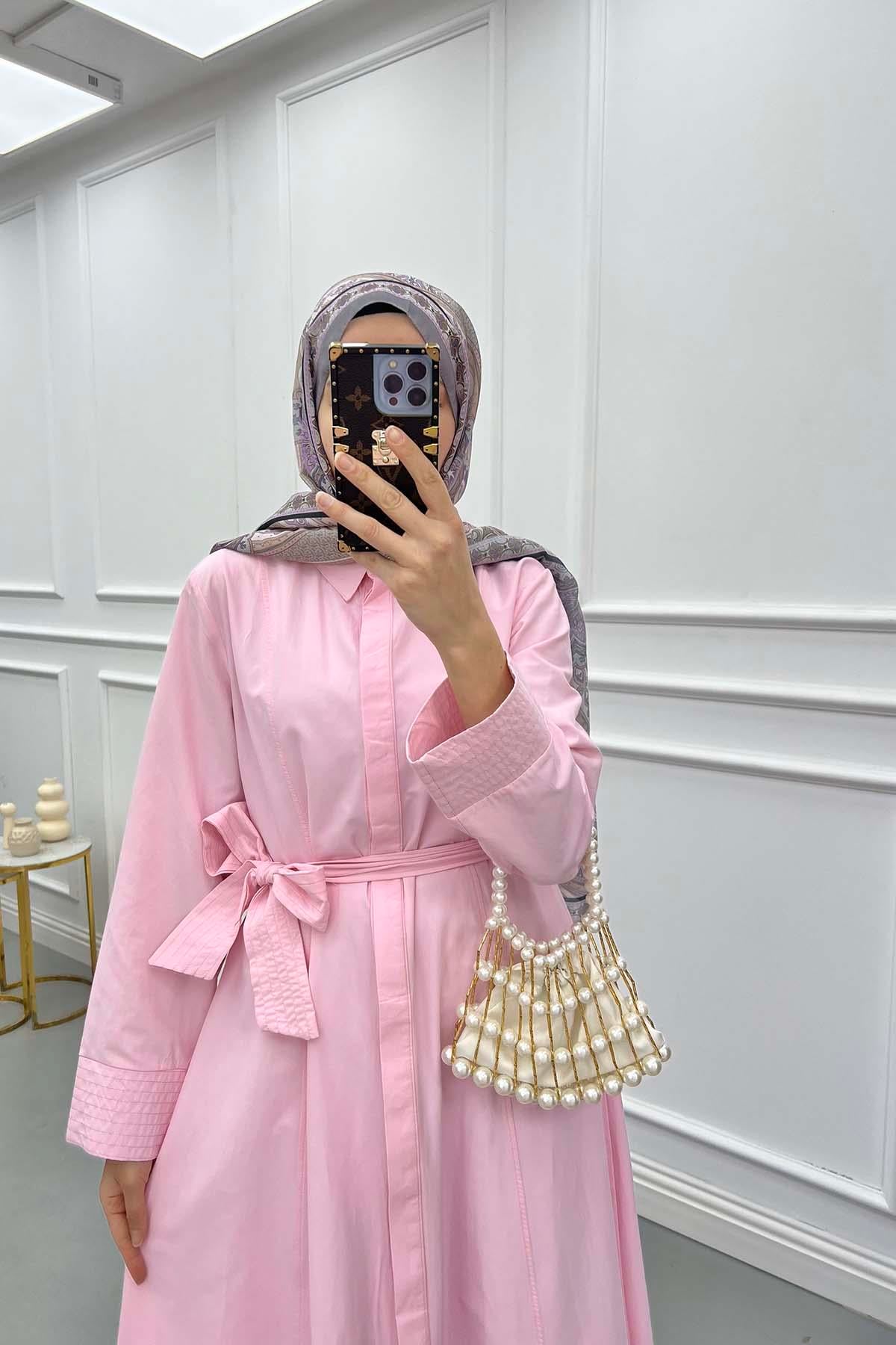 Kemerli Gömlek Elbise Pembe