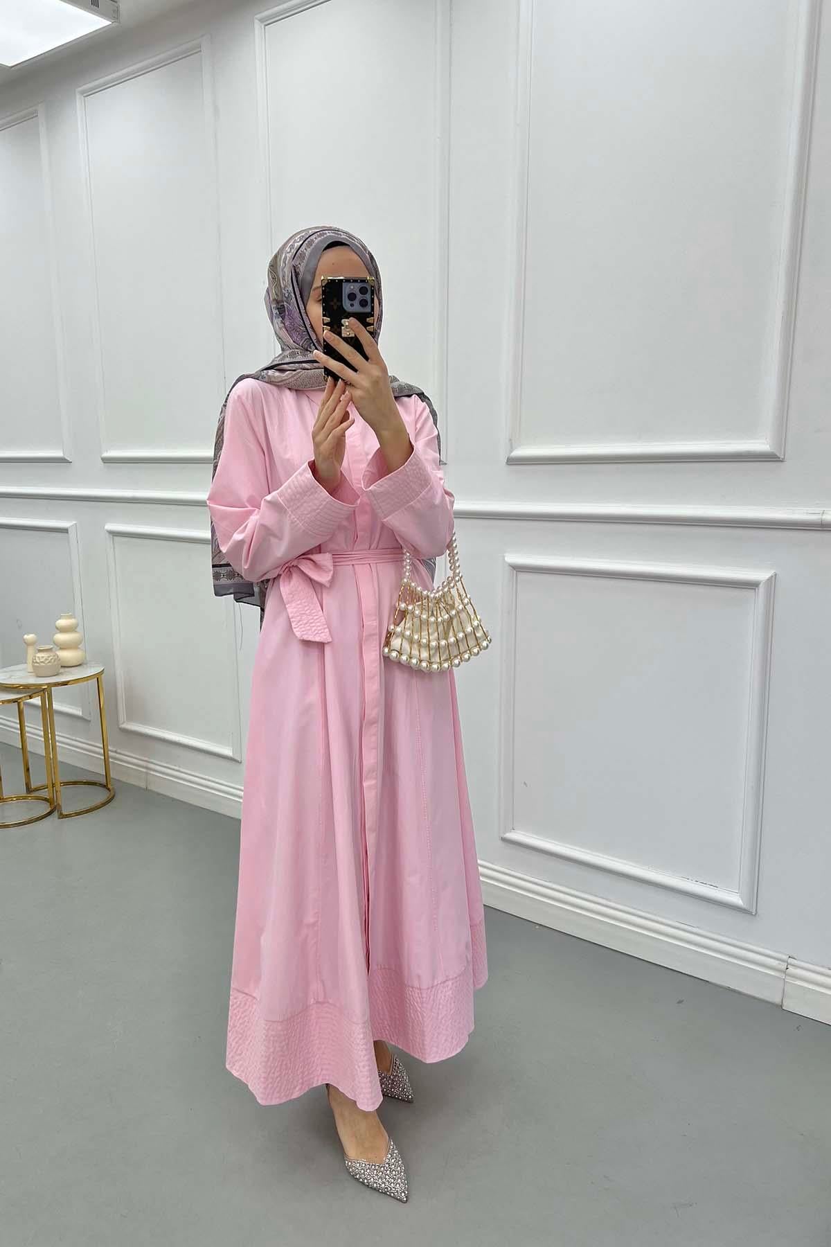 Kemerli Gömlek Elbise Pembe