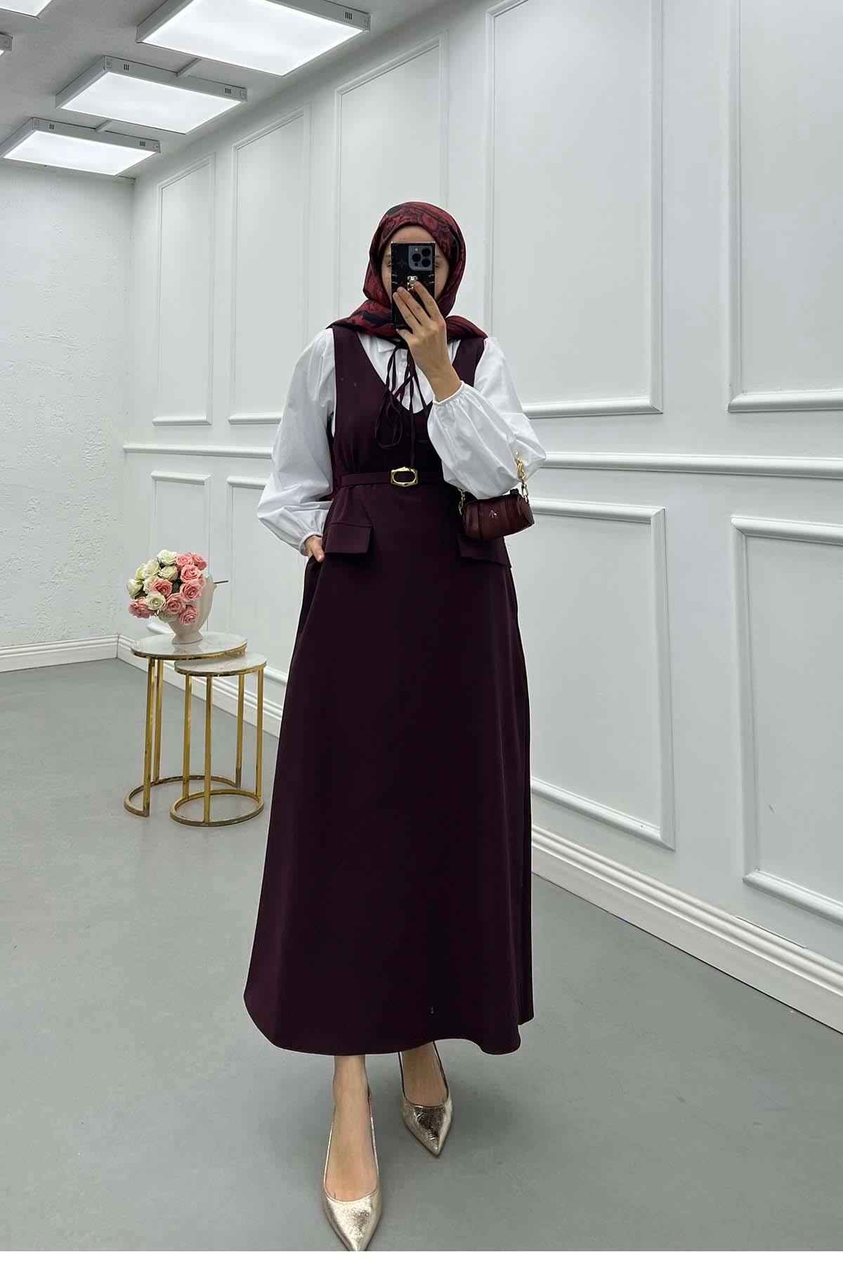 Kemerli Jile Elbise Bordo