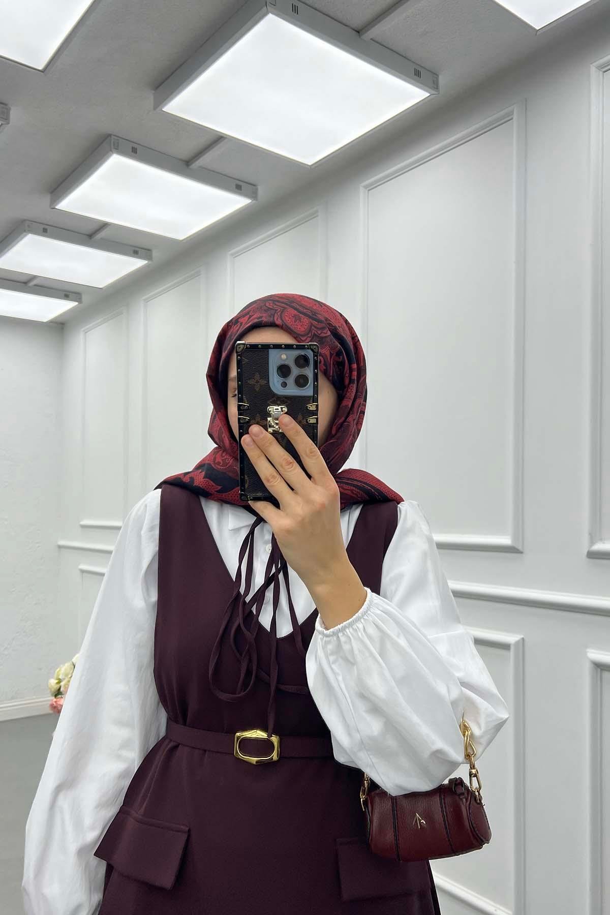 Kemerli Jile Elbise Bordo