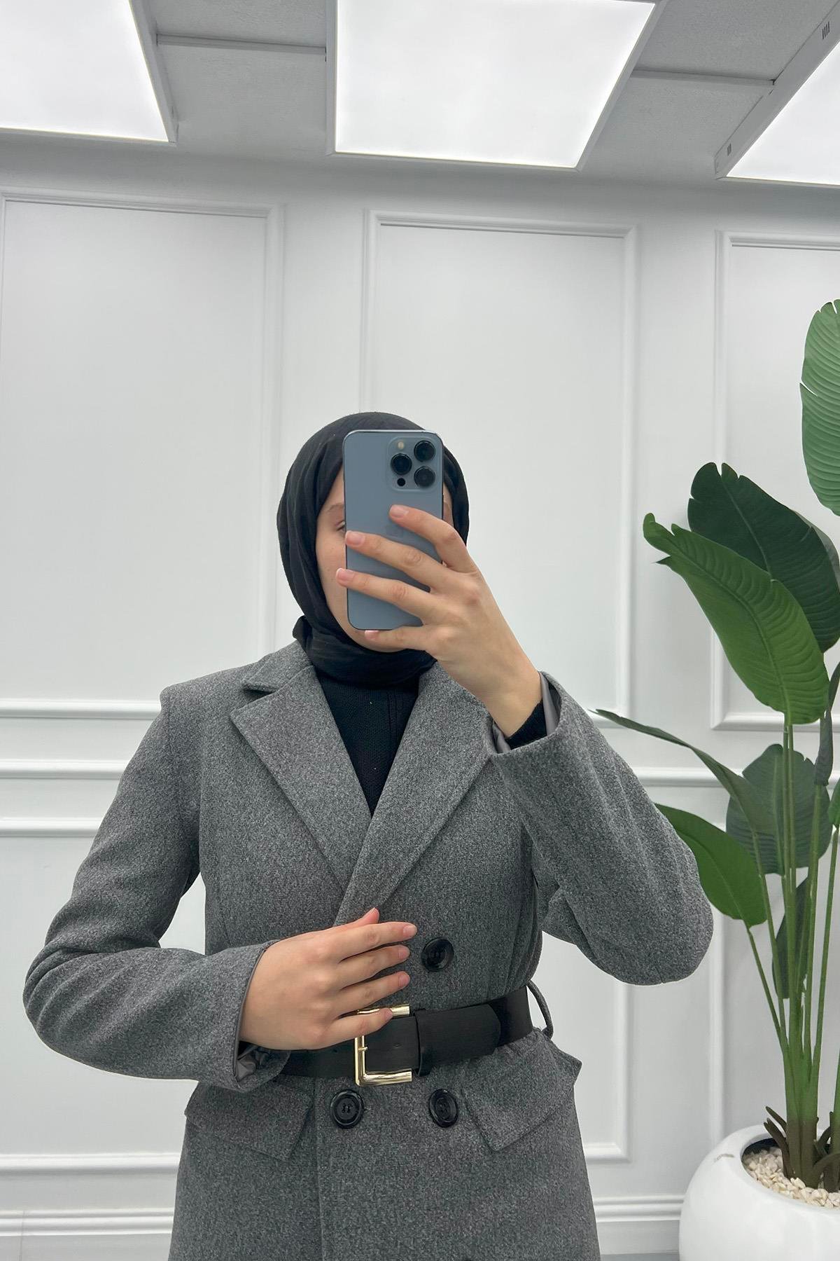 Kemerli Kaşe Ceket Gri