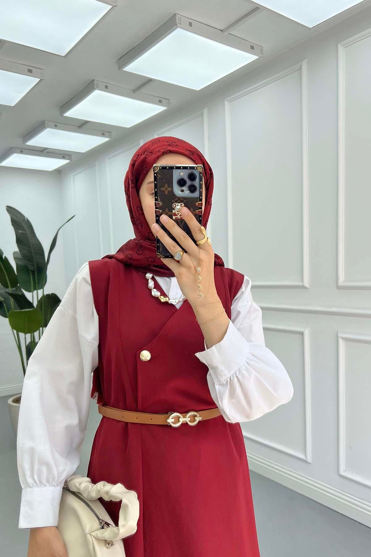 Kemerli Kolsuz Elbise Bordo