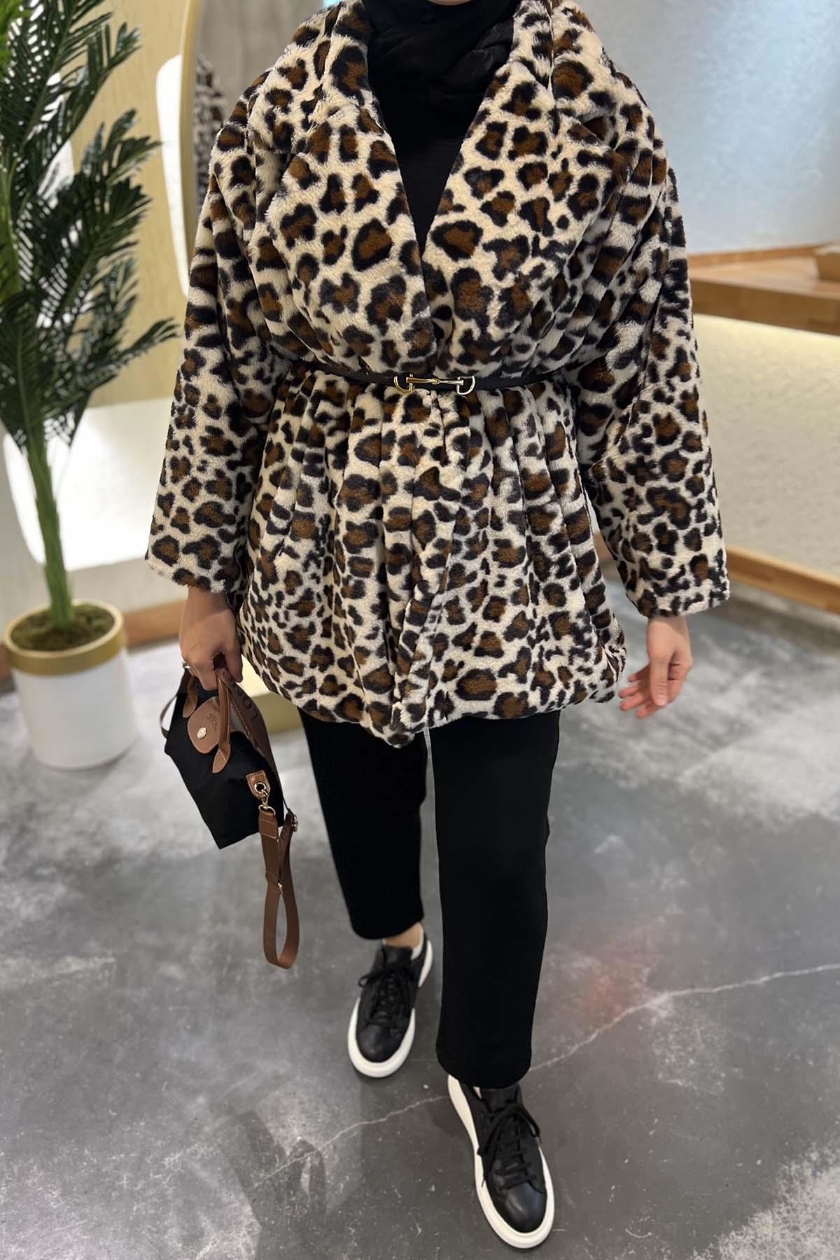 Kemerli Leoparlı Kürk Mont Acı Kahve