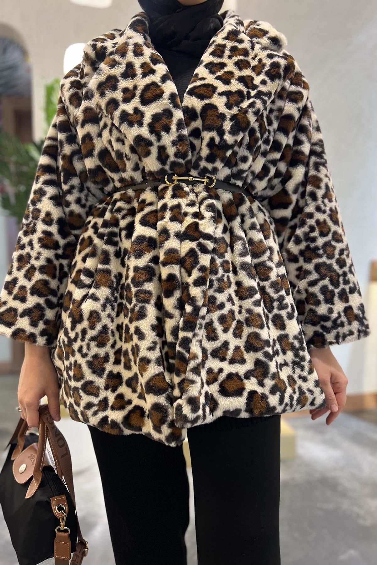 Kemerli Leoparlı Kürk Mont Acı Kahve