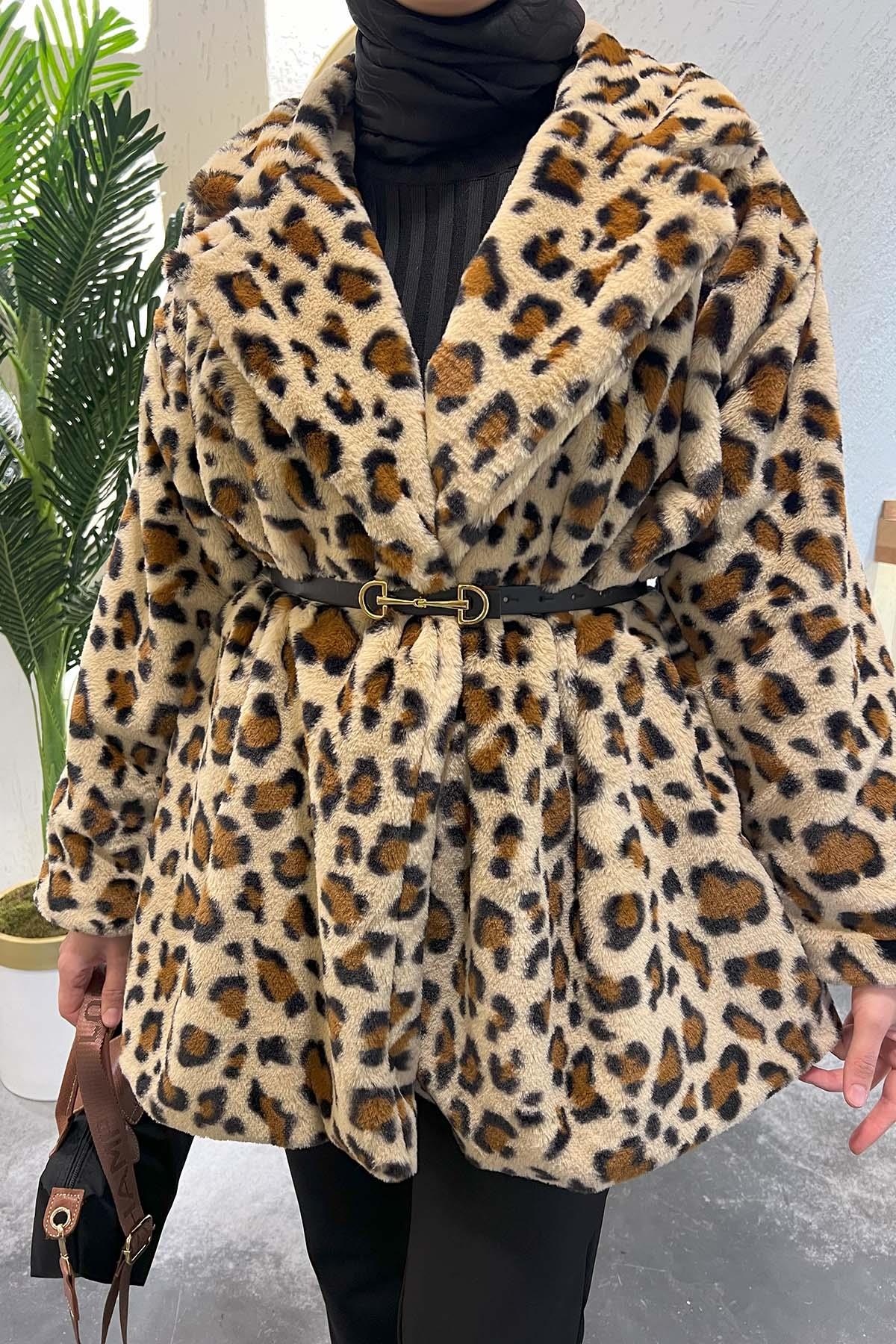 Kemerli Leoparlı Kürk Mont Kahve