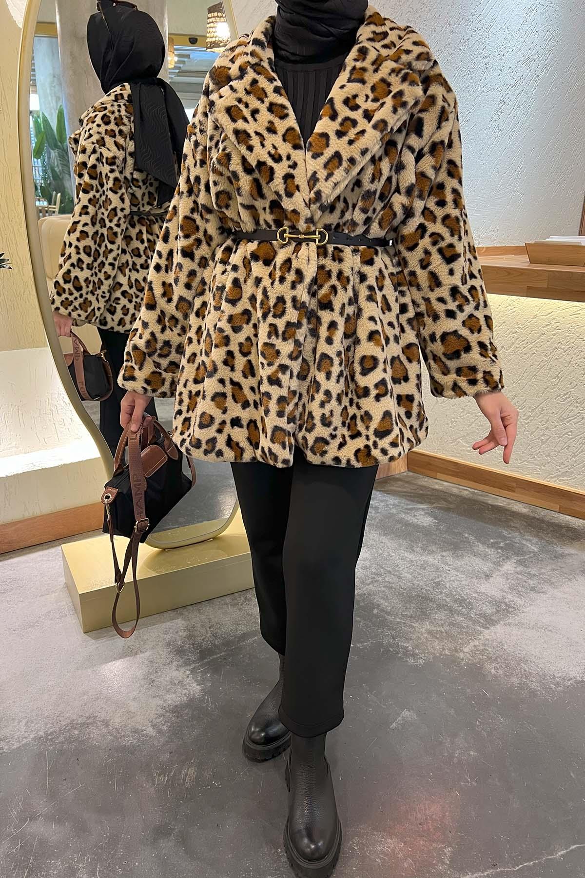 Kemerli Leoparlı Kürk Mont Kahve