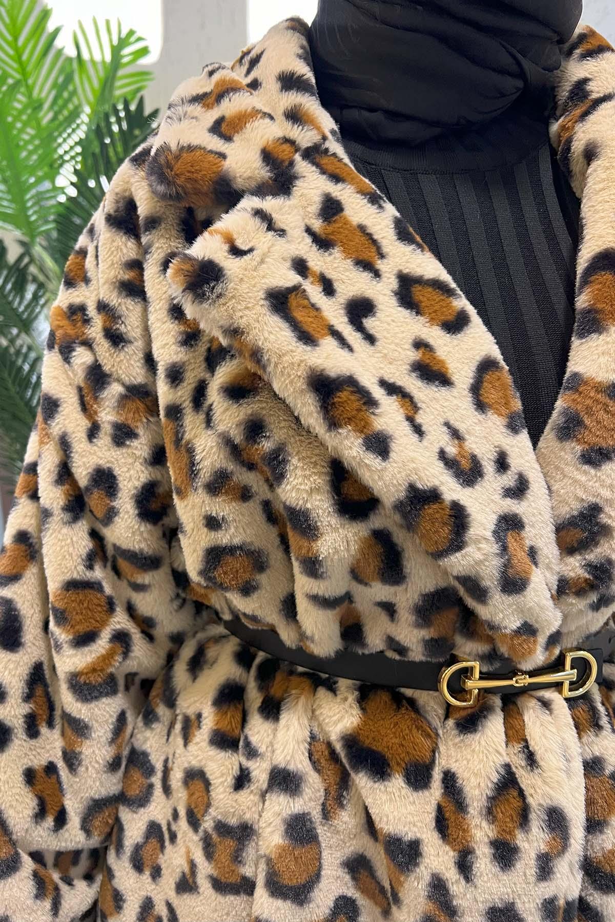 Kemerli Leoparlı Kürk Mont Kahve