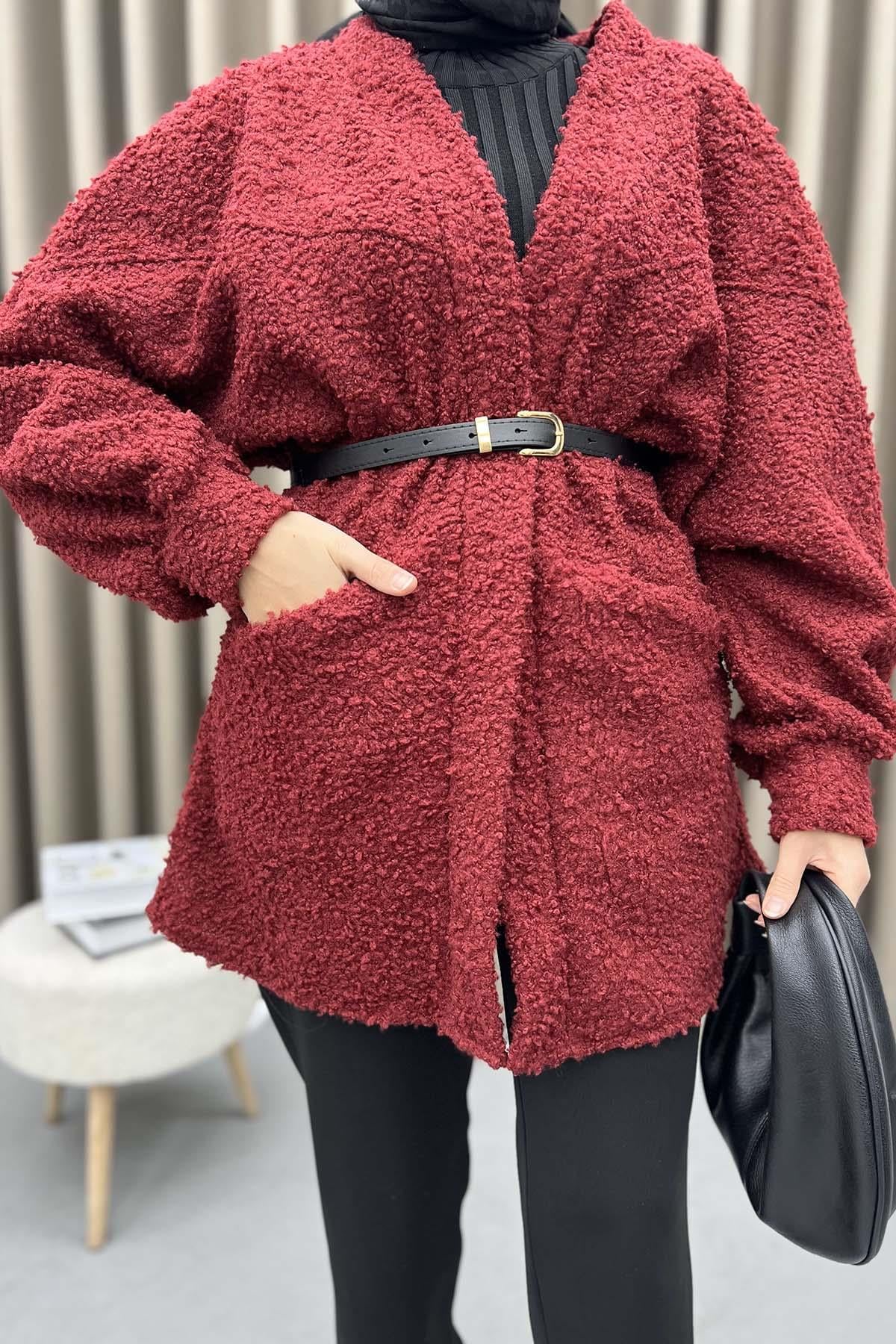 Kemerli Peluş Ceket Bordo
