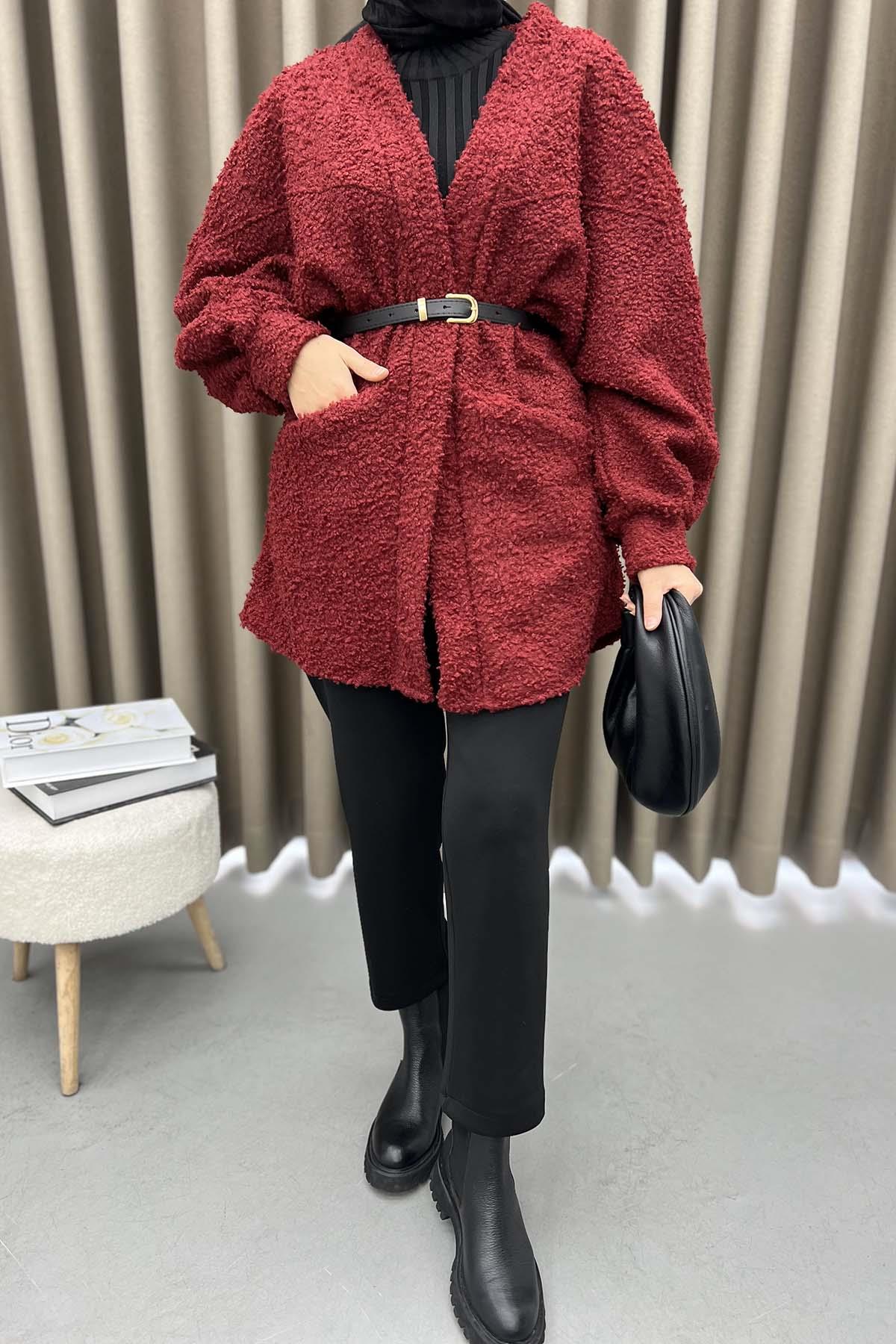 Kemerli Peluş Ceket Bordo