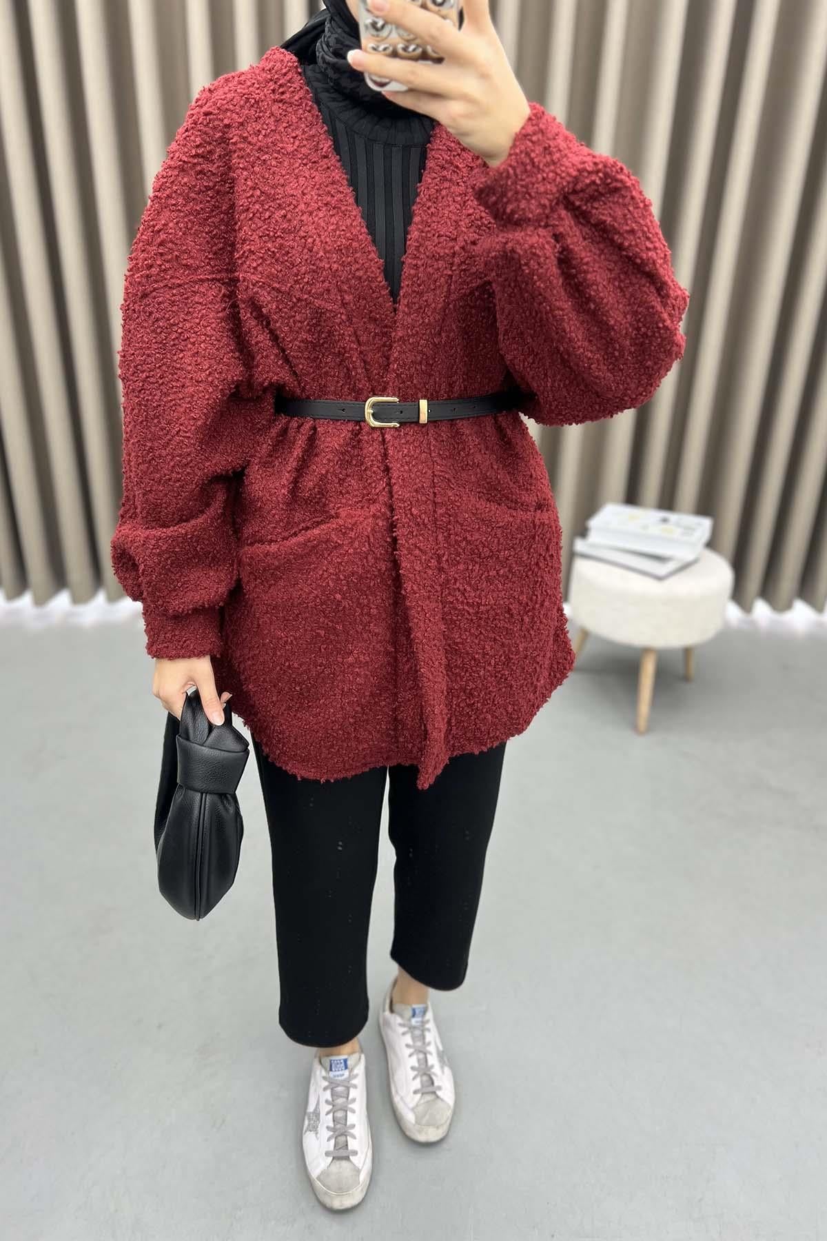 Kemerli Peluş Ceket Bordo