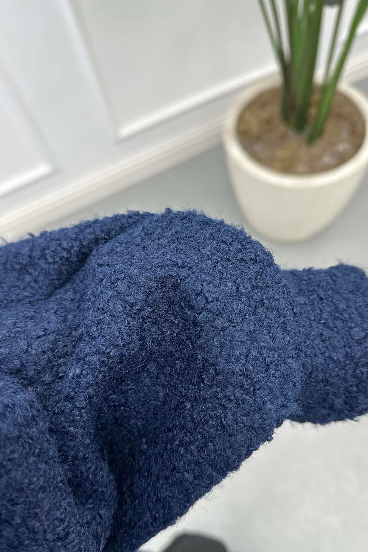 Kemerli Peluş Ceket Lacivert