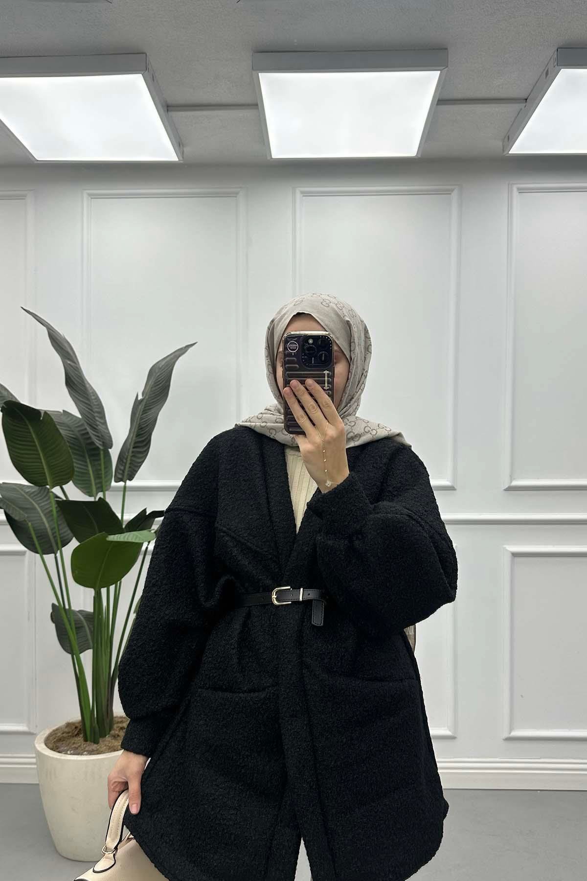 Kemerli Peluş Ceket Siyah