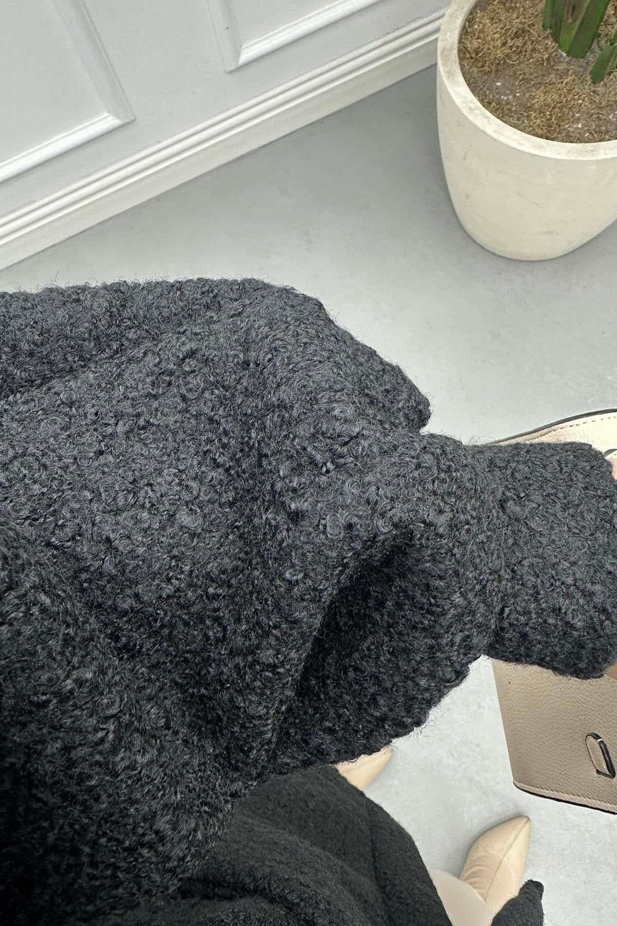 Kemerli Peluş Ceket Siyah