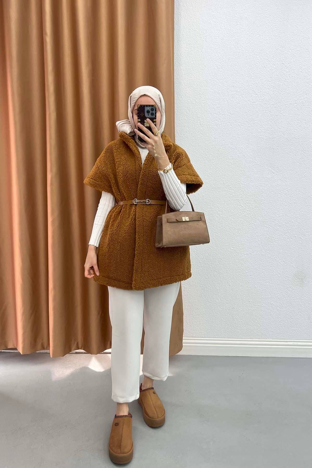 Kemerli Peluş Yelek Taba