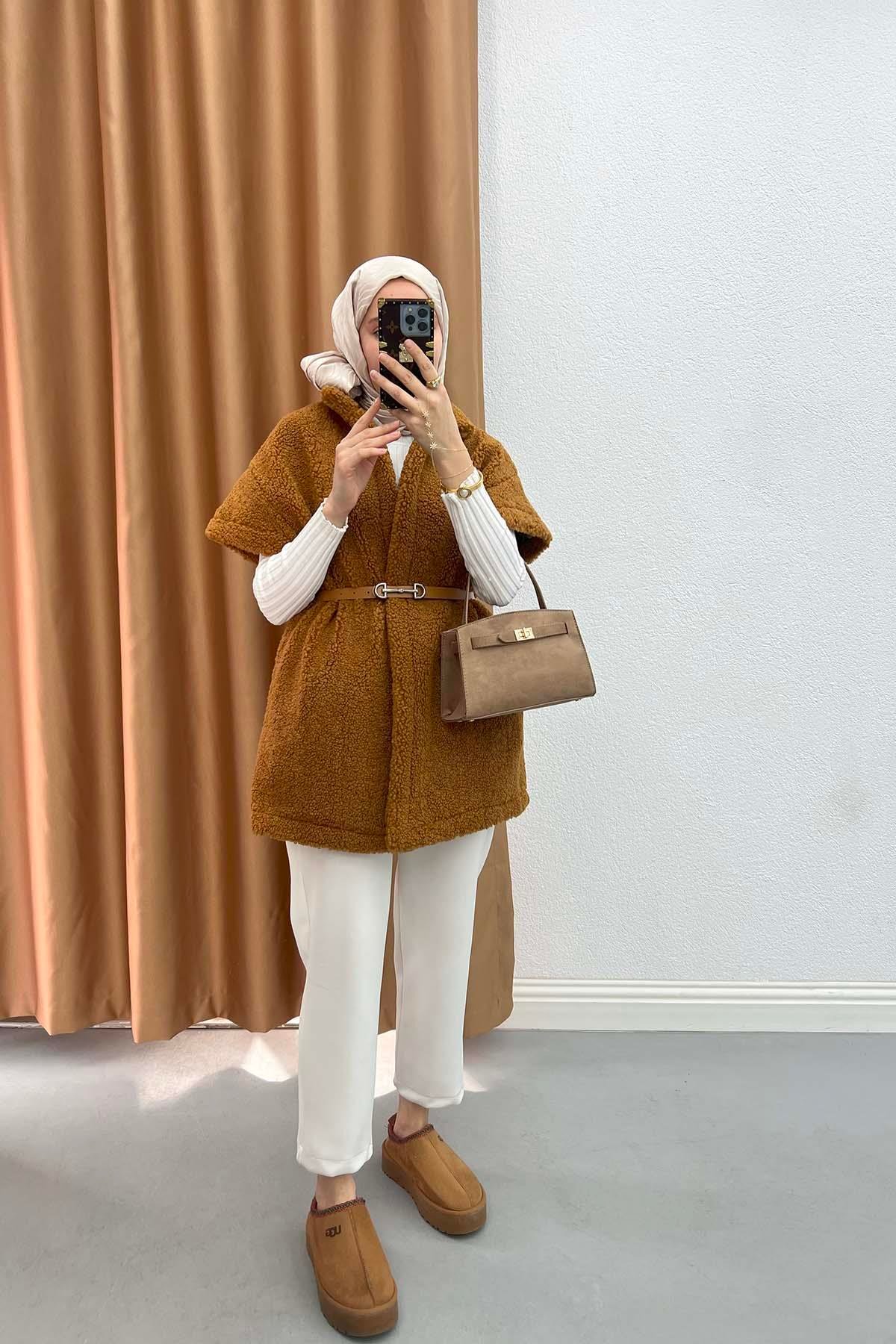 Kemerli Peluş Yelek Taba