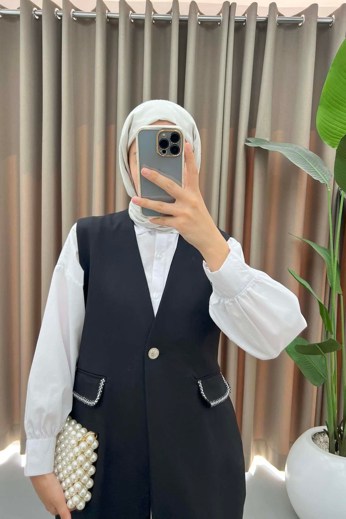Kemerli Piliseli Yelek Takım Siyah