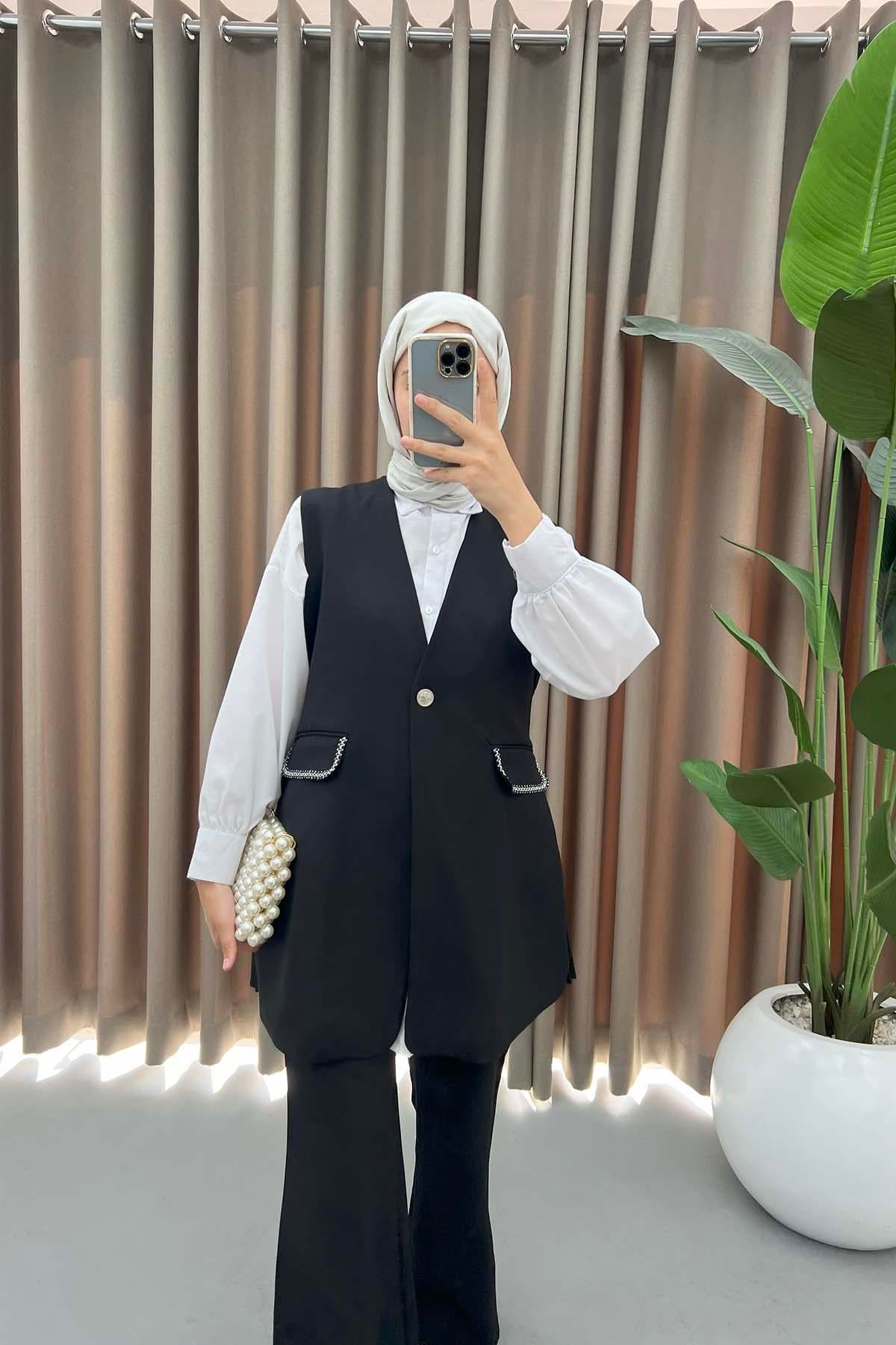 Kemerli Piliseli Yelek Takım Siyah