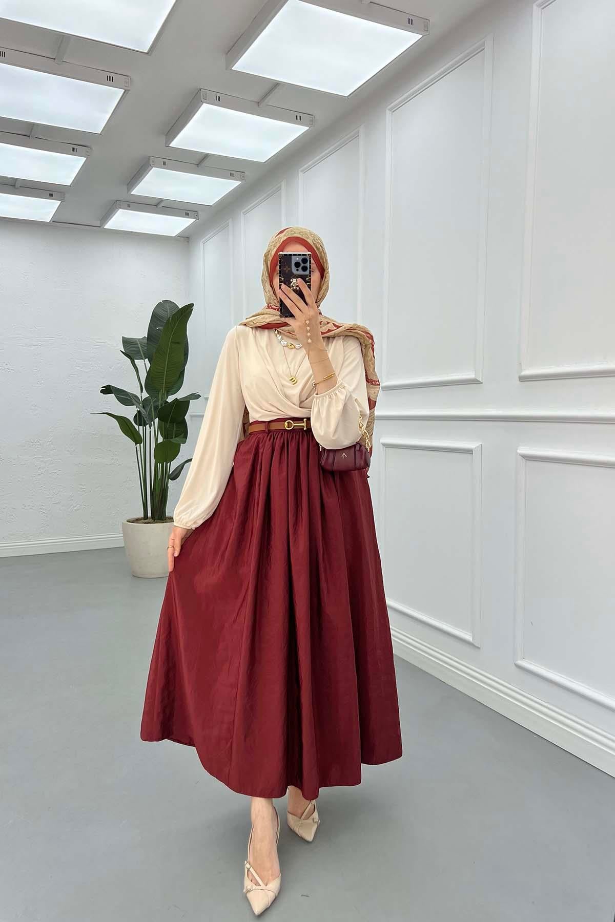 Kemerli Pop Etek Bordo