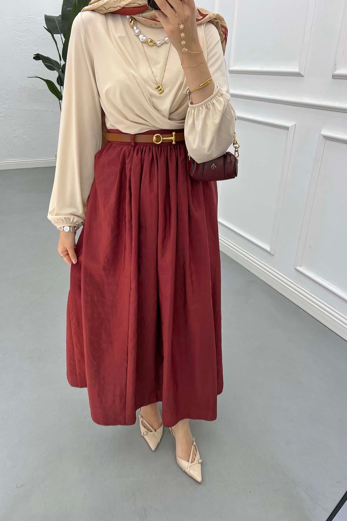 Kemerli Pop Etek Bordo