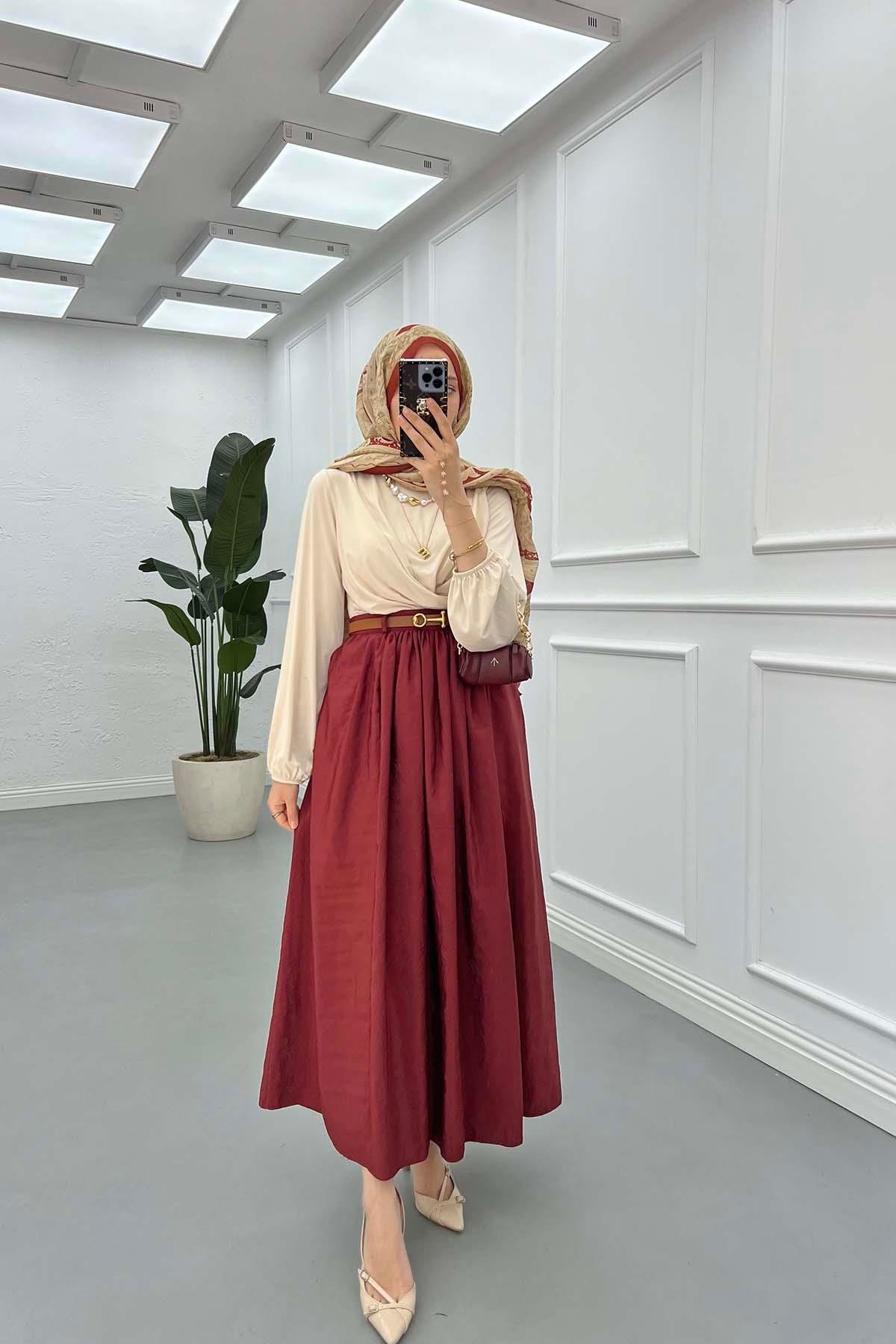 Kemerli Pop Etek Bordo