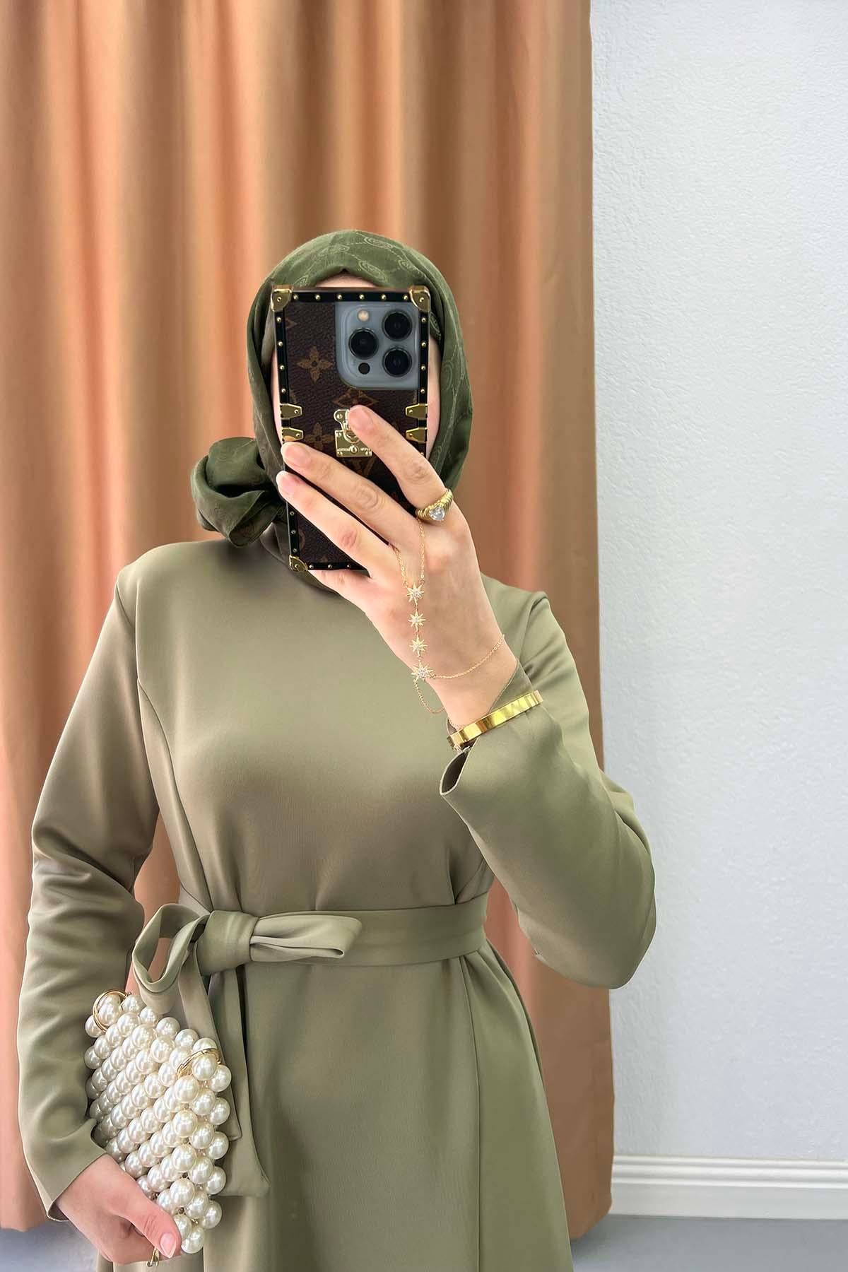 Kemerli Scuba Elbise Soft Yeşil