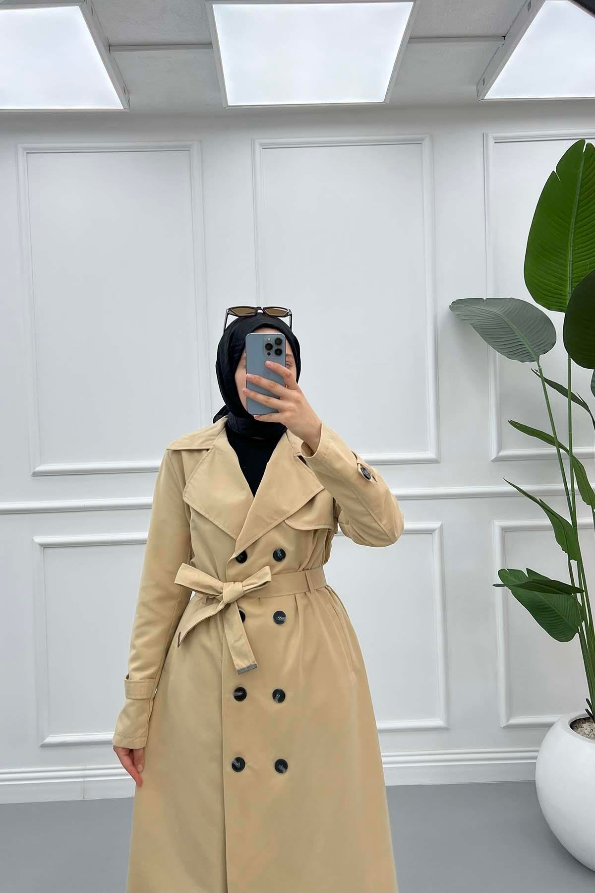 Kemerli Uzun Trençkot Camel