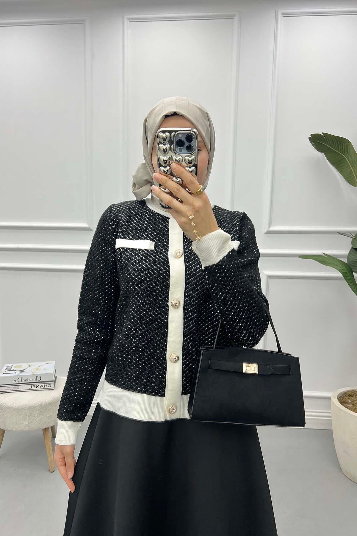 Kendinden Desenli Şeritli Hırka Siyah