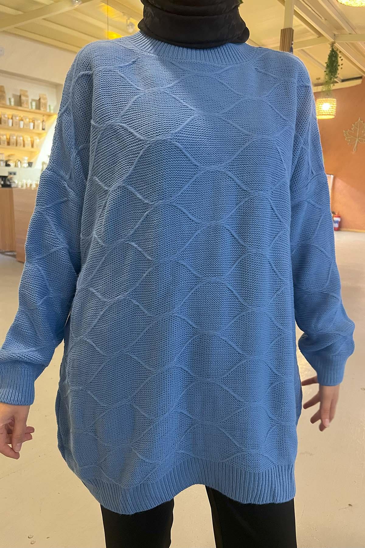 Kendinden Desenli Triko Kazak Mavi