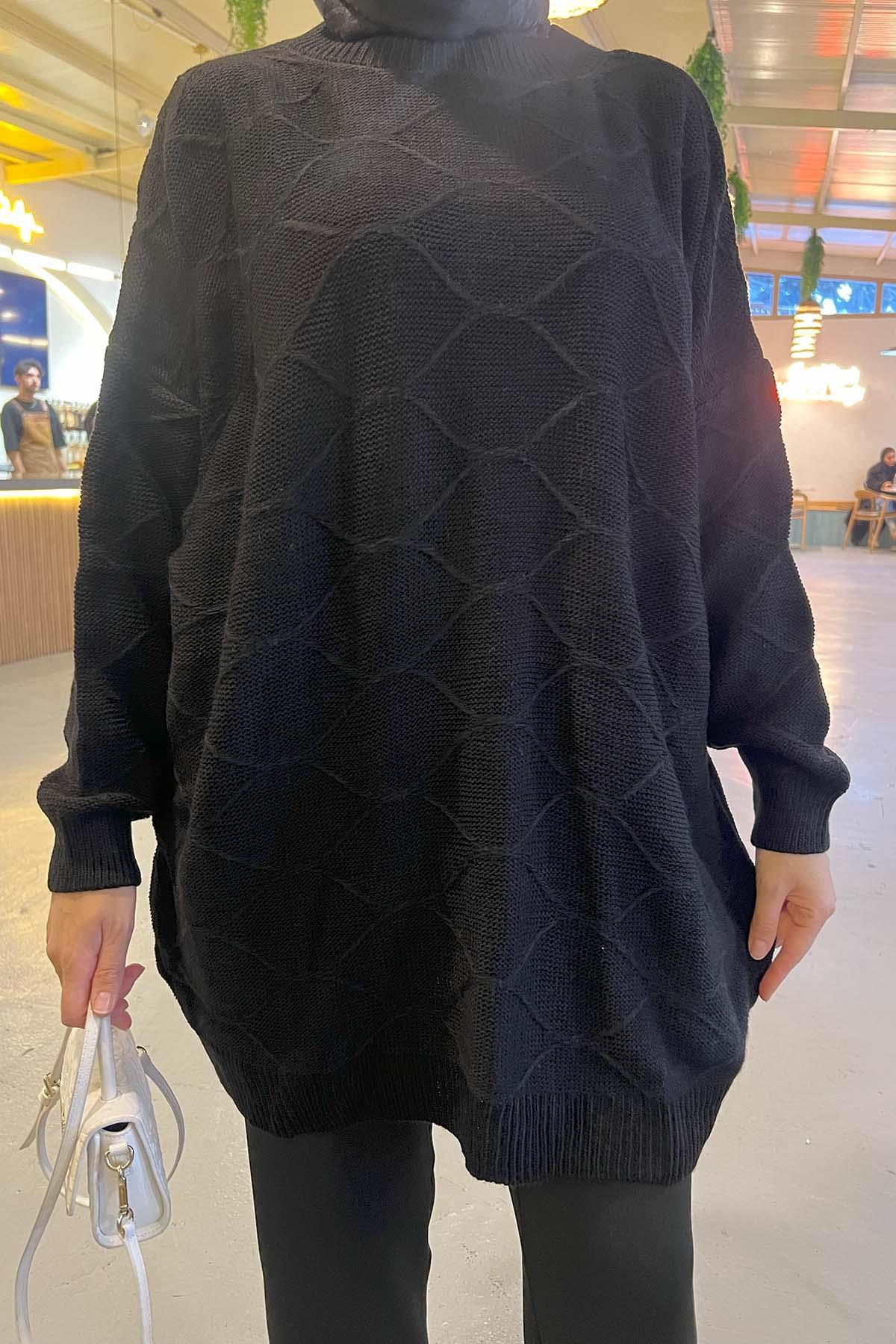 Kendinden Desenli Triko Kazak Siyah