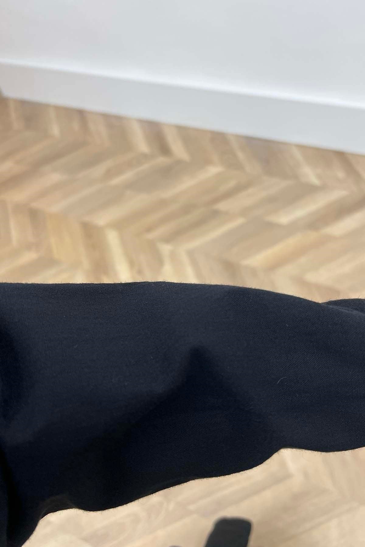 Kendinden Kuşaklı Modern Keten Elbise Siyah