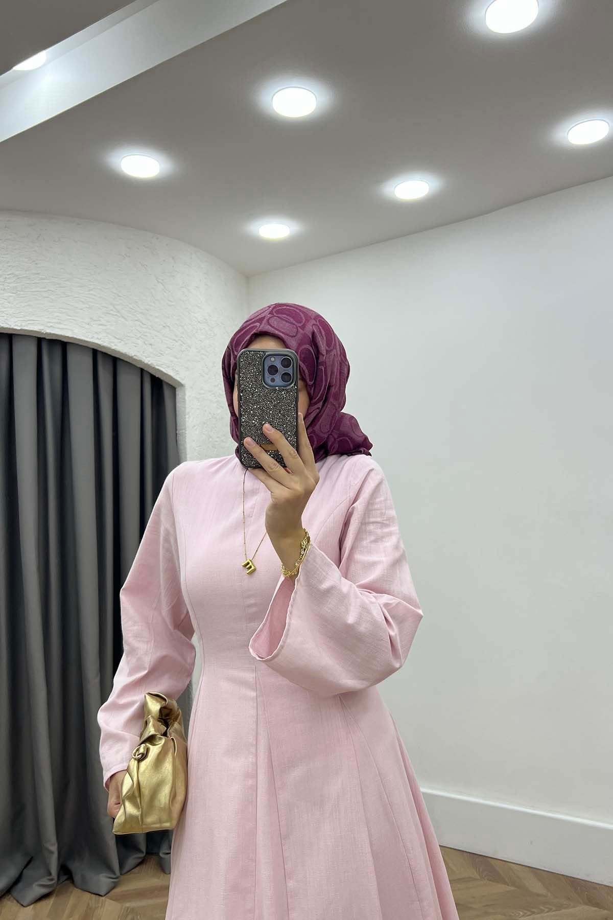 Kendinden Kuşaklı Modern Keten Elbise Pembe