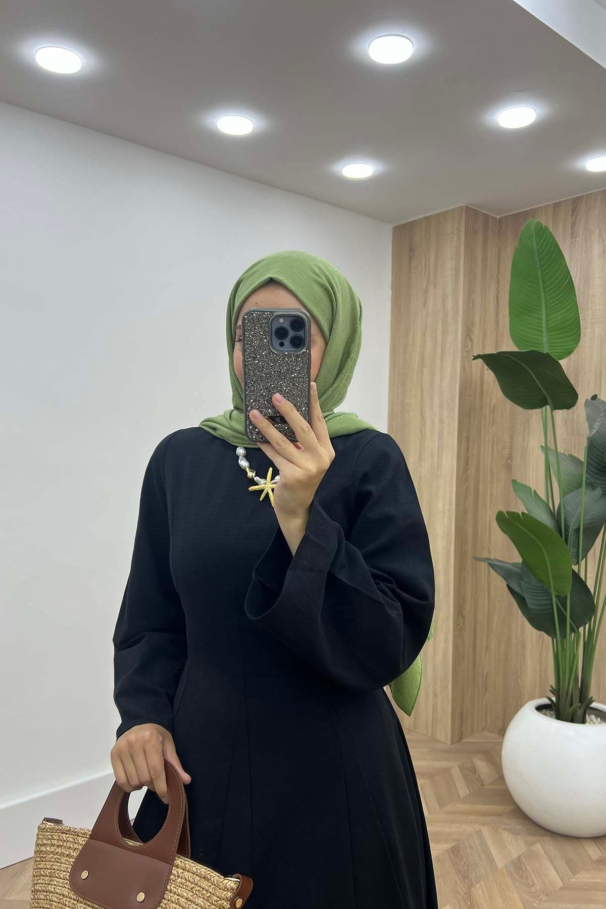 Kendinden Kuşaklı Modern Keten Elbise Siyah