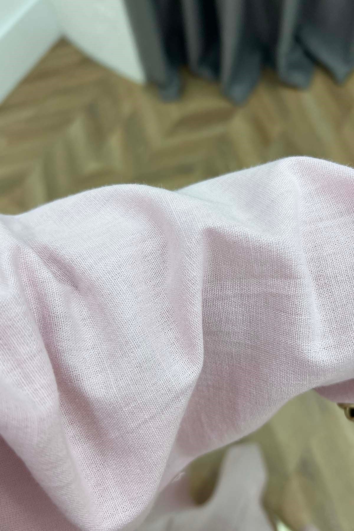 Kendinden Kuşaklı Modern Keten Elbise Pembe