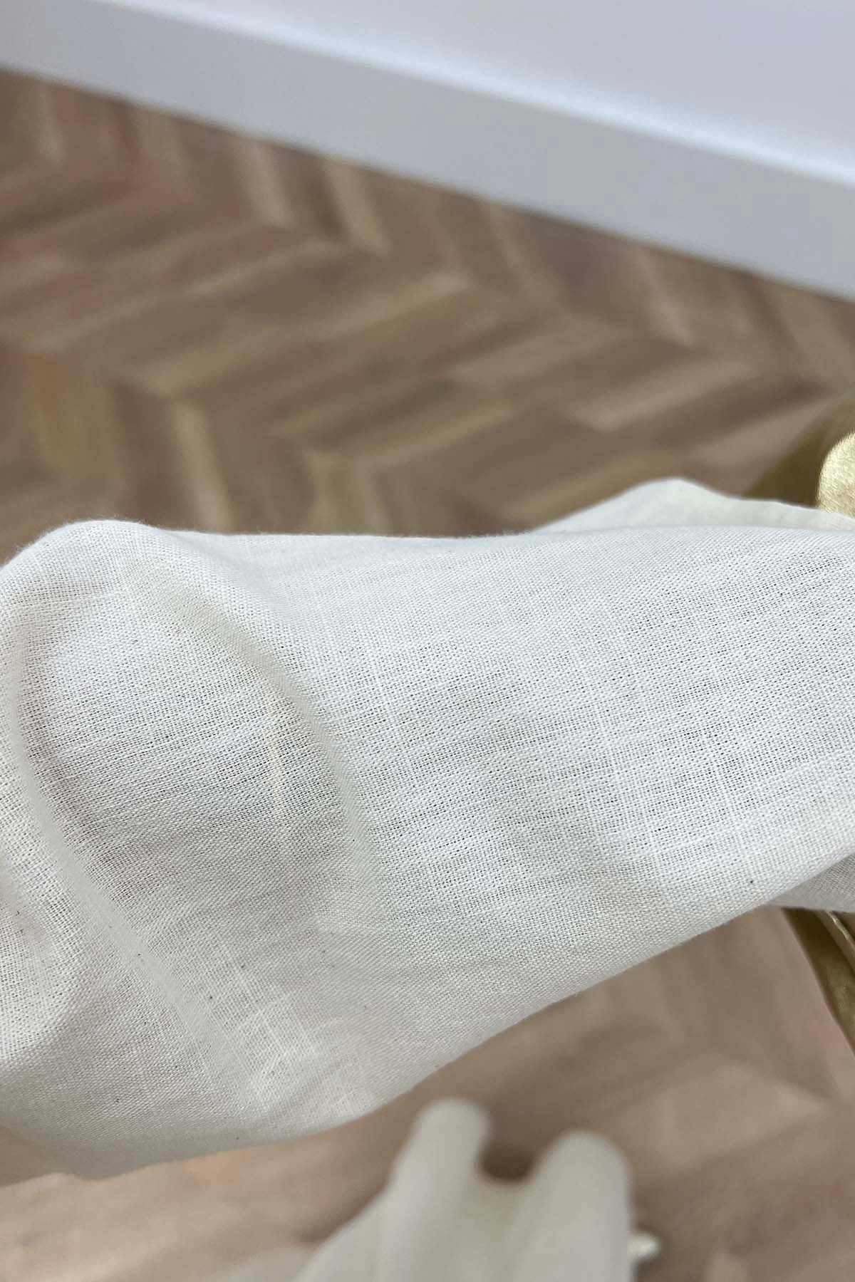 Kendinden Kuşaklı Modern Keten Elbise Krem
