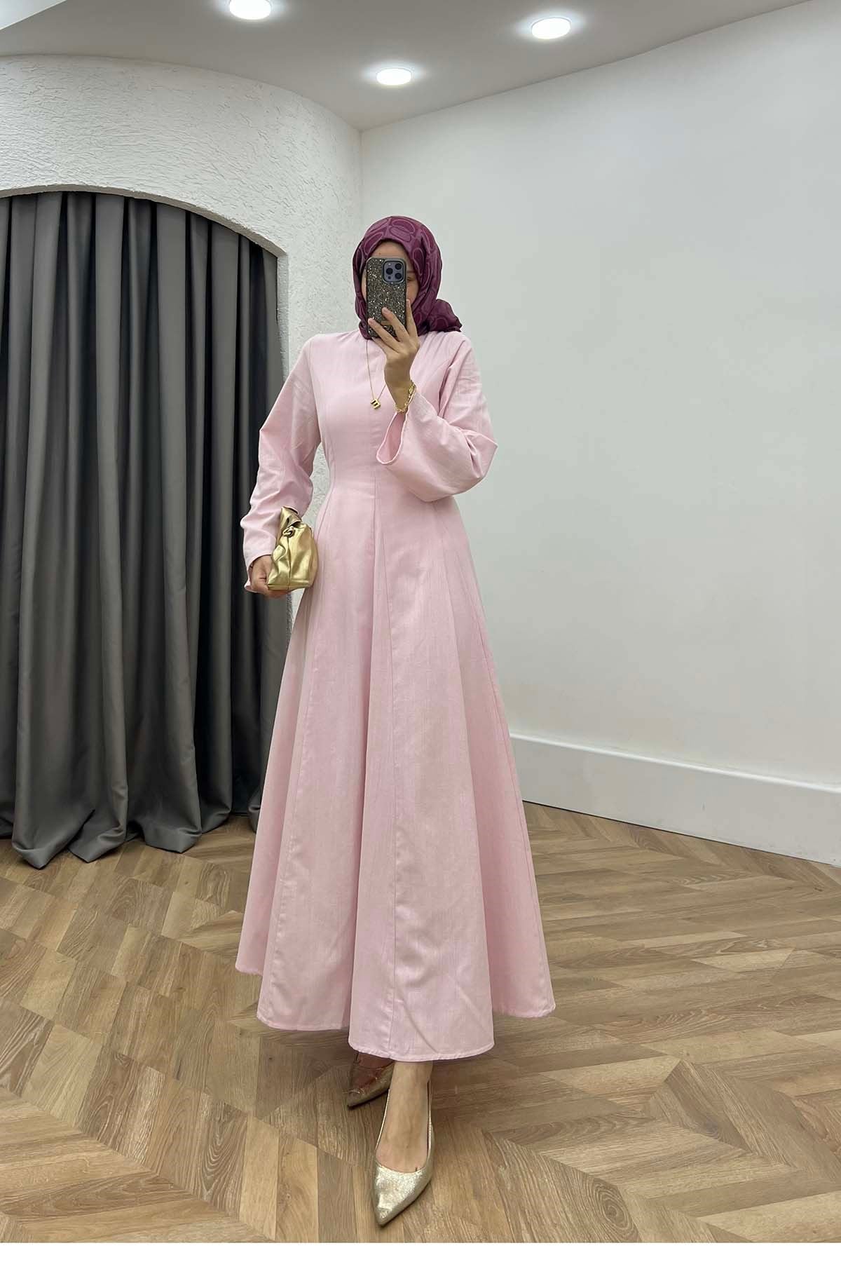 Kendinden Kuşaklı Modern Keten Elbise Pembe