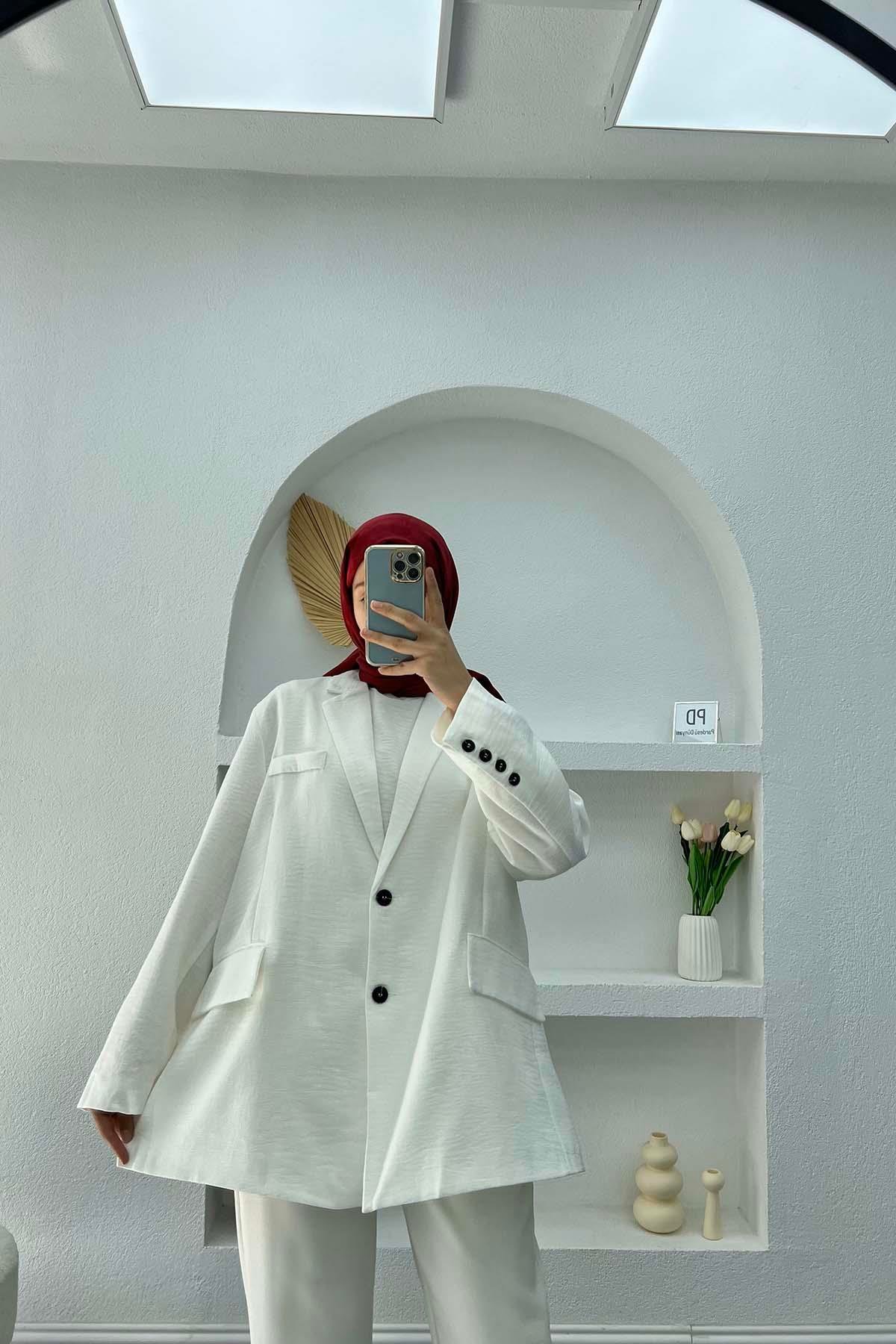 Keten Blazer Ceket Beyaz