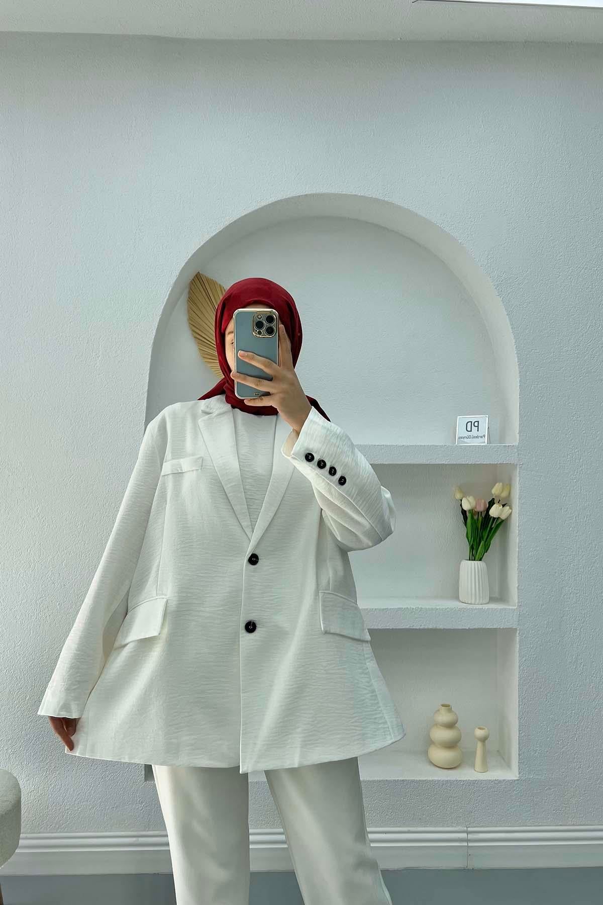 Keten Blazer Ceket Beyaz