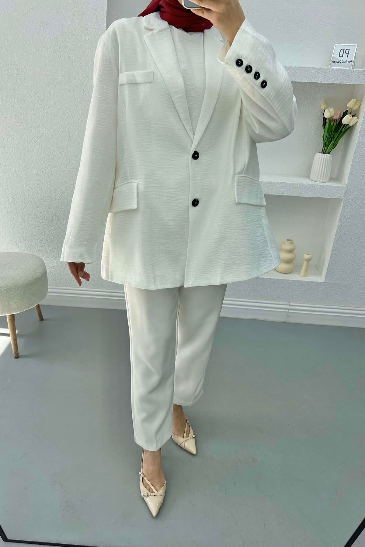 Keten Blazer Ceket Beyaz