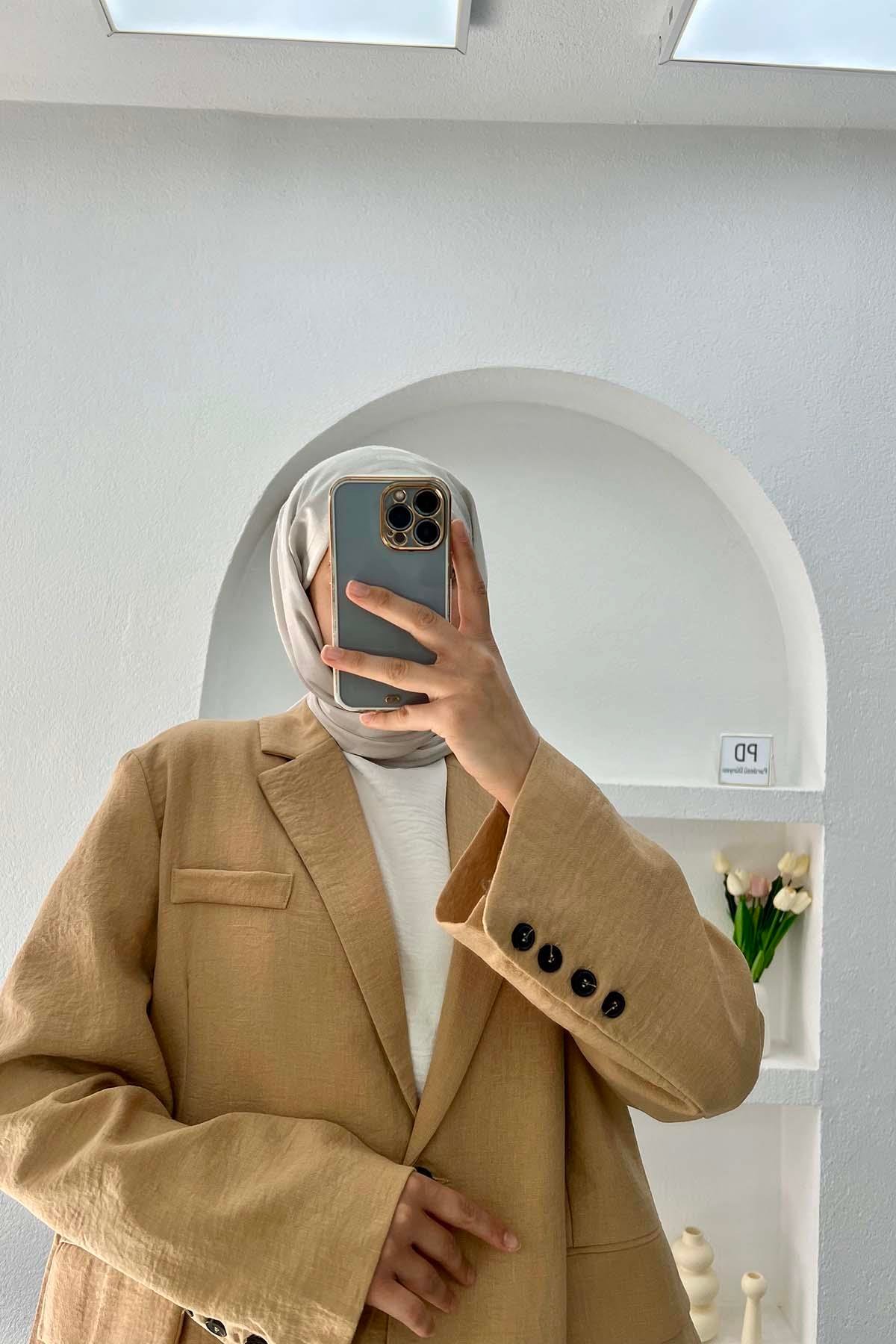 Keten Blazer Ceket Camel