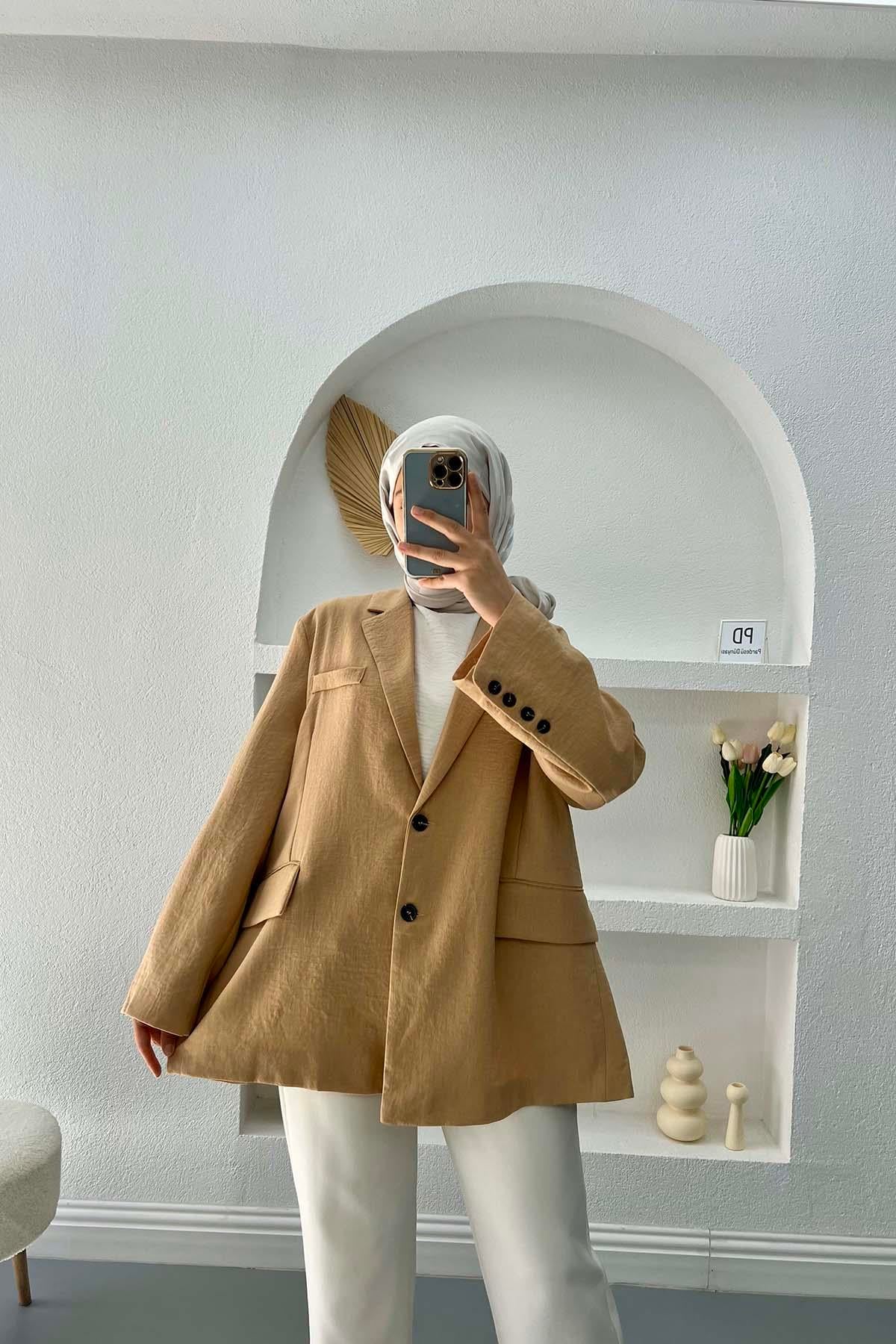 Keten Blazer Ceket Camel
