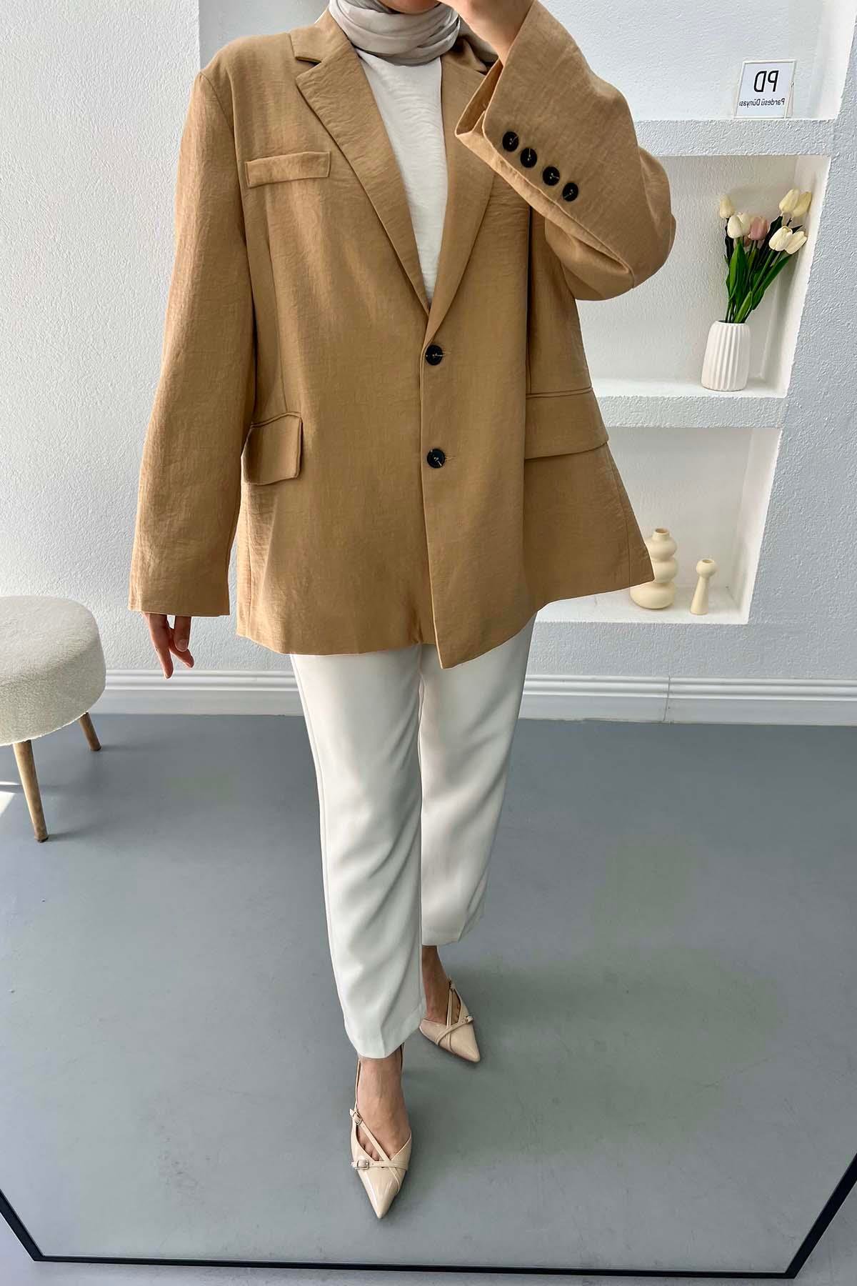 Keten Blazer Ceket Camel