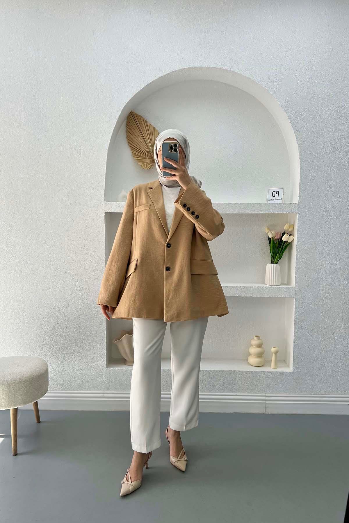 Keten Blazer Ceket Camel